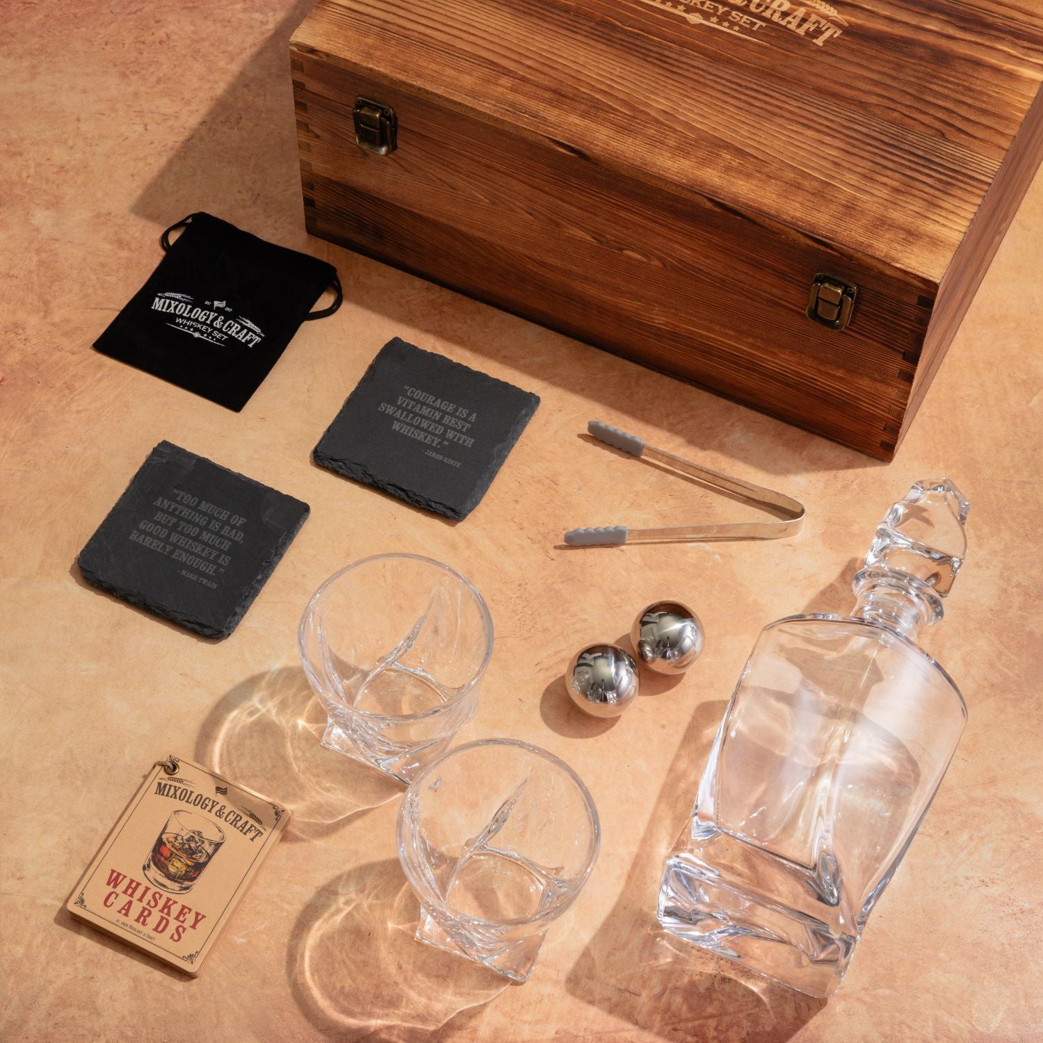 Whiskey Decanter with Glasses Set and Wooden Box by Mixology & Craft
