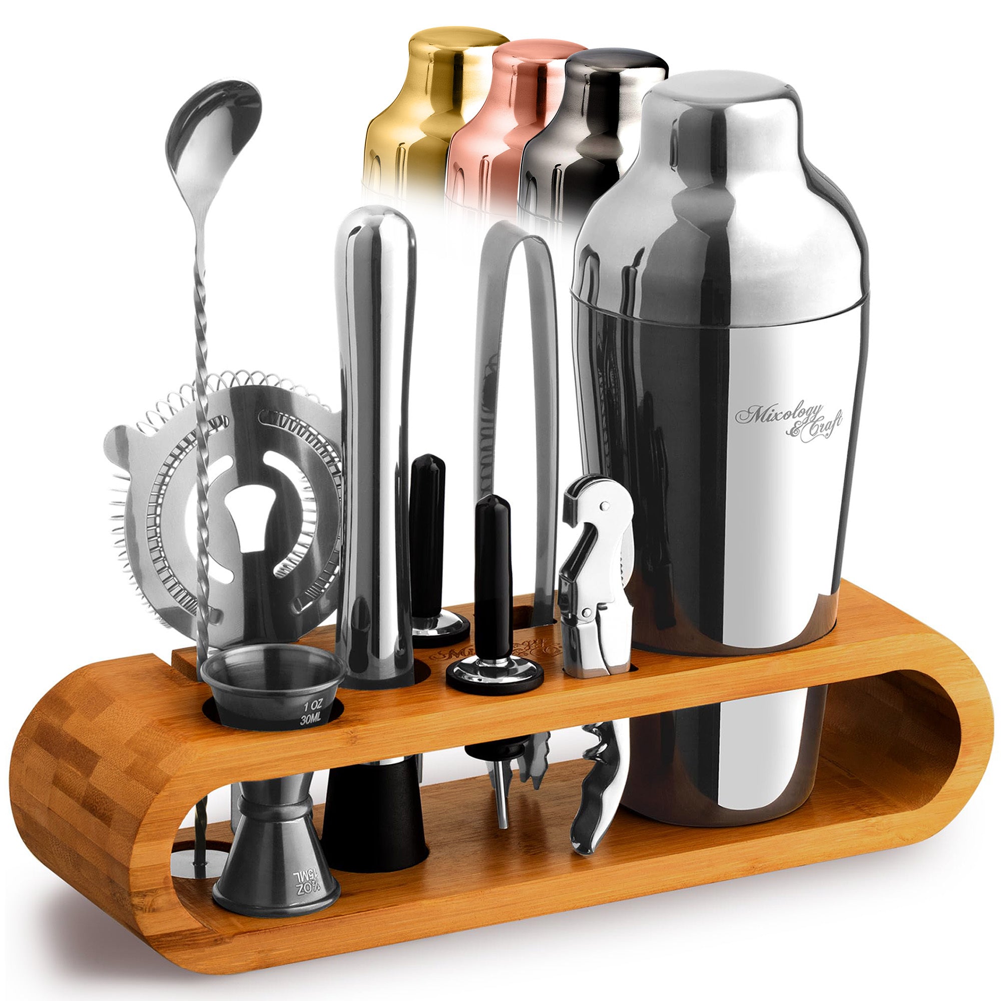 Cocktail Shaker Set – 10-Piece Bartender Kit with Oval Bamboo Stand - Silver by Mixology & Craft