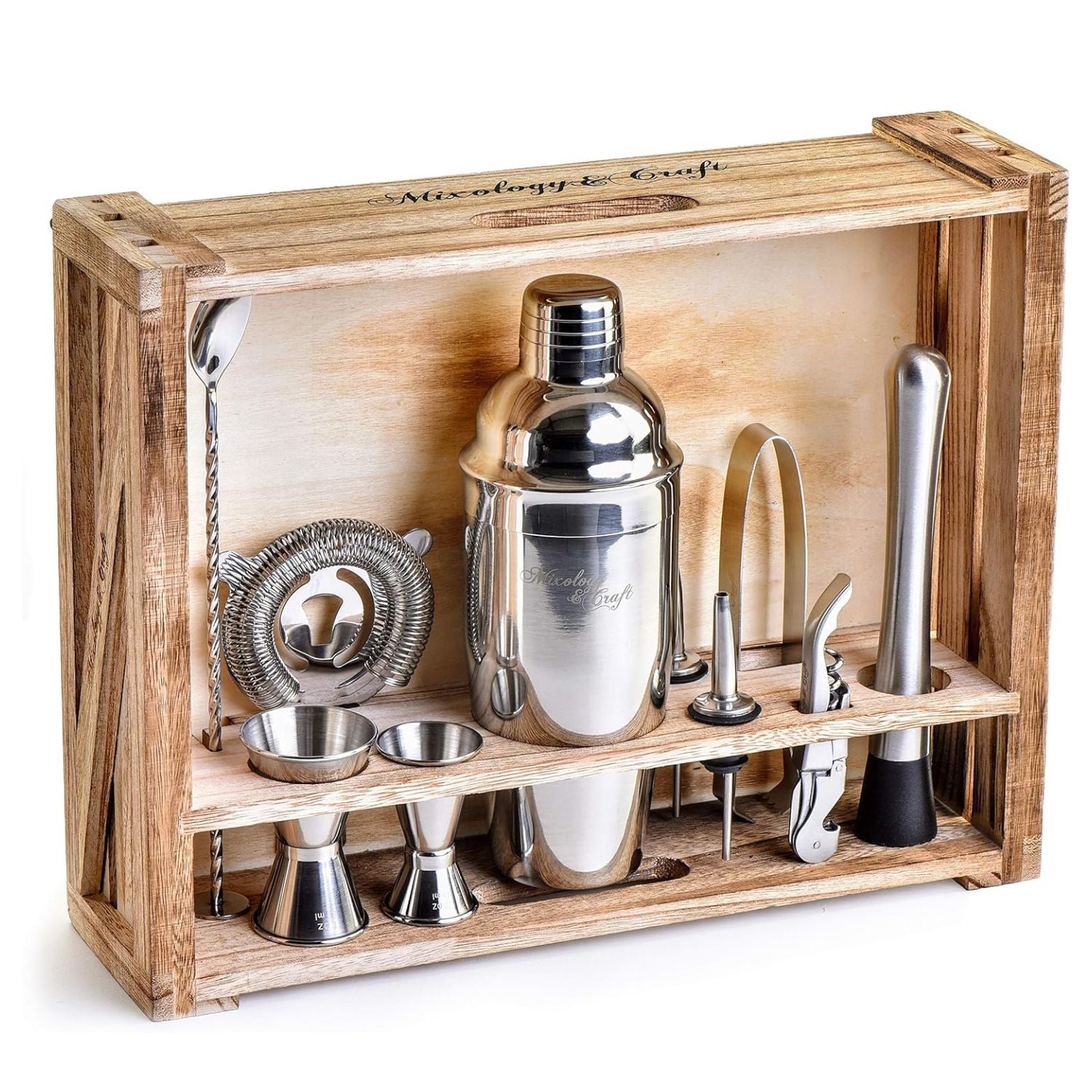11-Piece Bartender Kit with Rustic Wood Stand - Silver Finish by Mixology & Craft