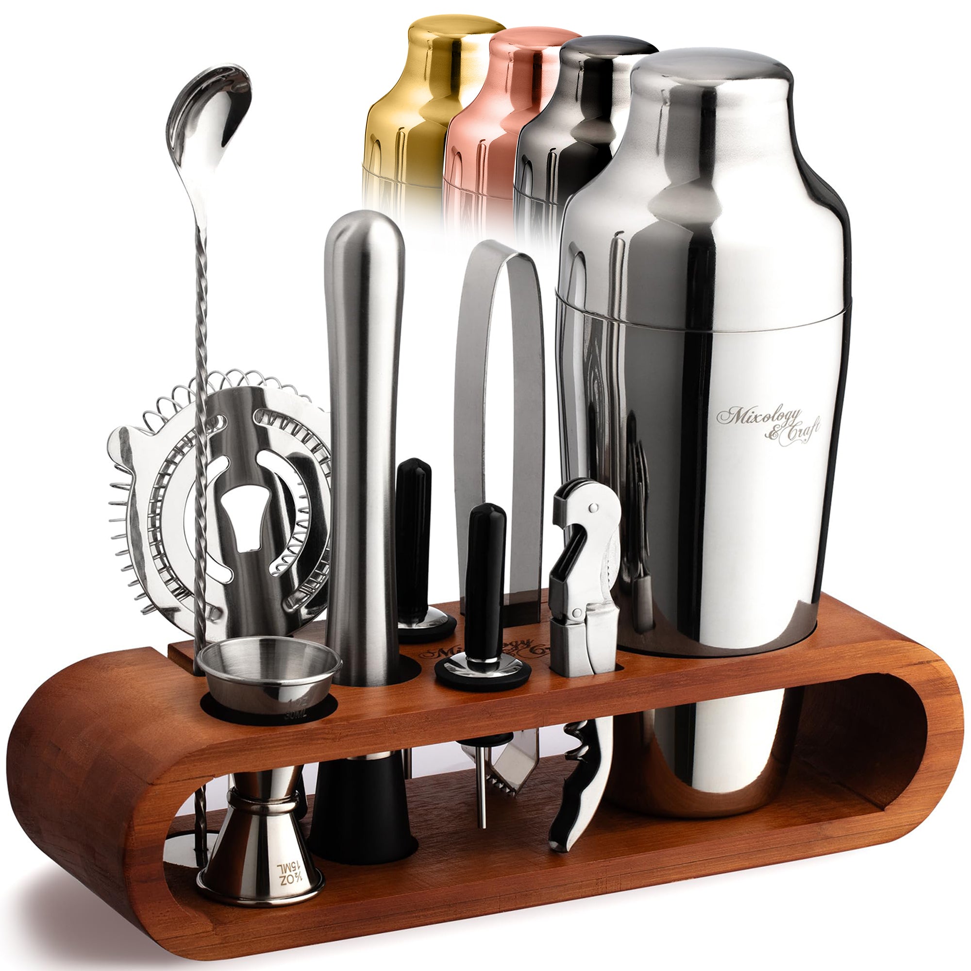 Cocktail Shaker Set – 10-Piece Bartender Kit with Oval Mahogany Stand - Silver by Mixology & Craft