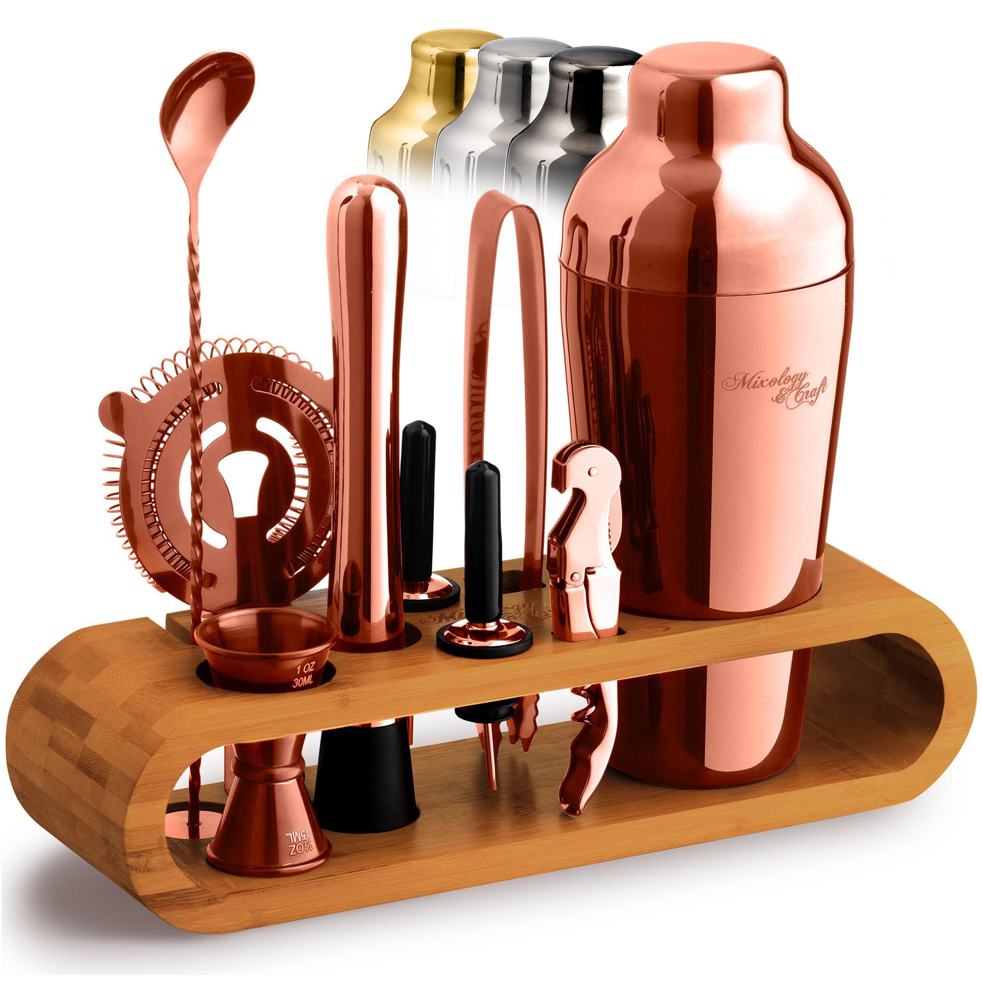 Cocktail Shaker Set – 10-Piece Bartender Kit with Oval Bamboo Stand - Copper by Mixology & Craft