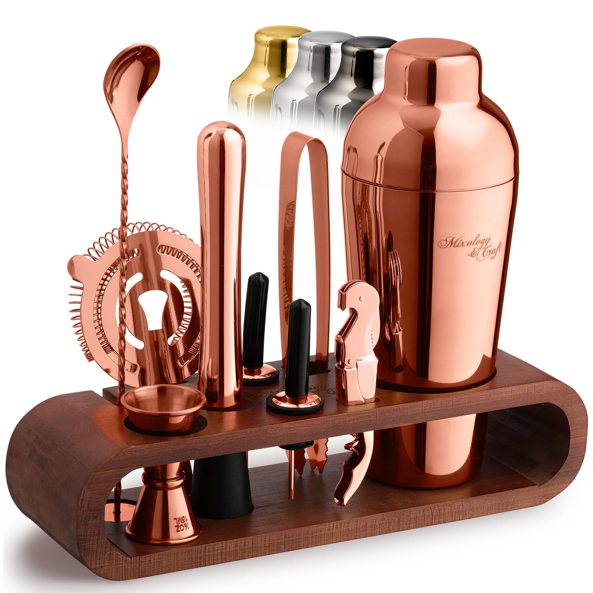 Cocktail Shaker Set – 10-Piece Bartender Kit with Oval Mahogany Stand - Copper by Mixology & Craft