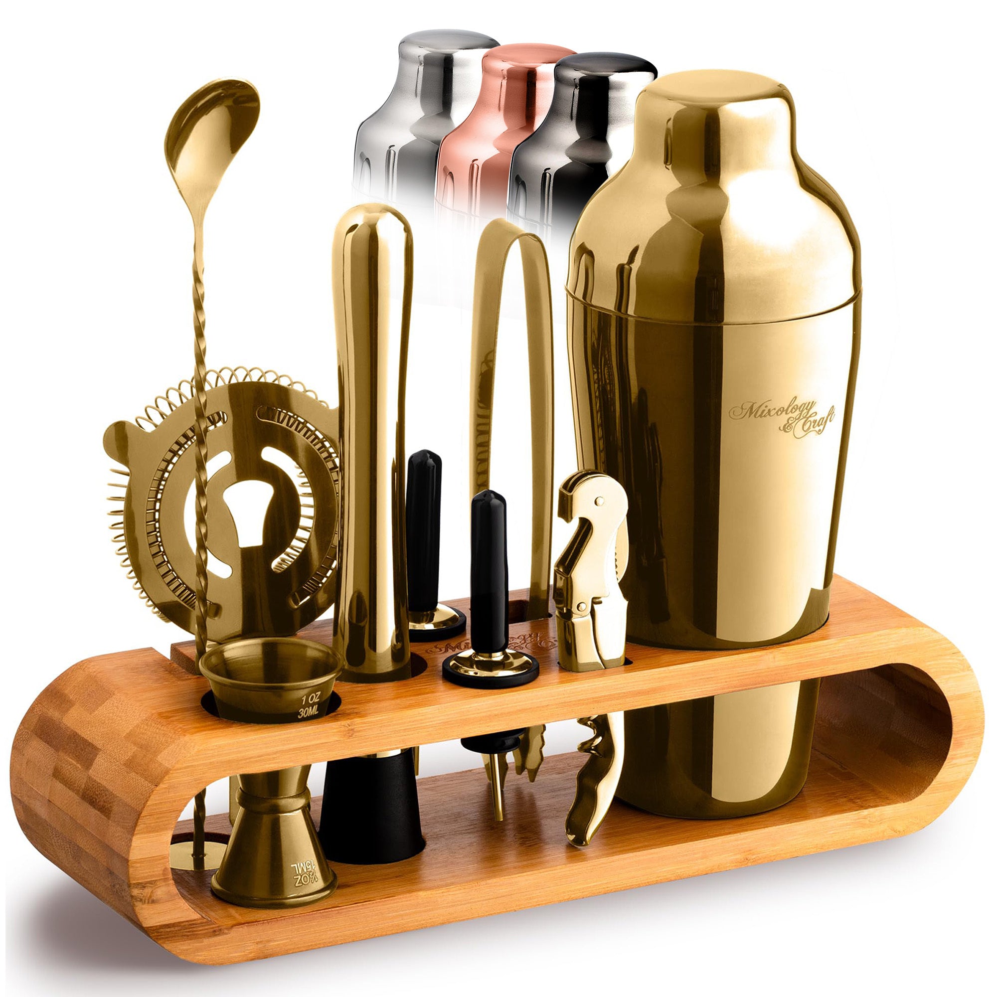Cocktail Shaker Set – 10-Piece Bartender Kit with Oval Bamboo Stand - Gold by Mixology & Craft