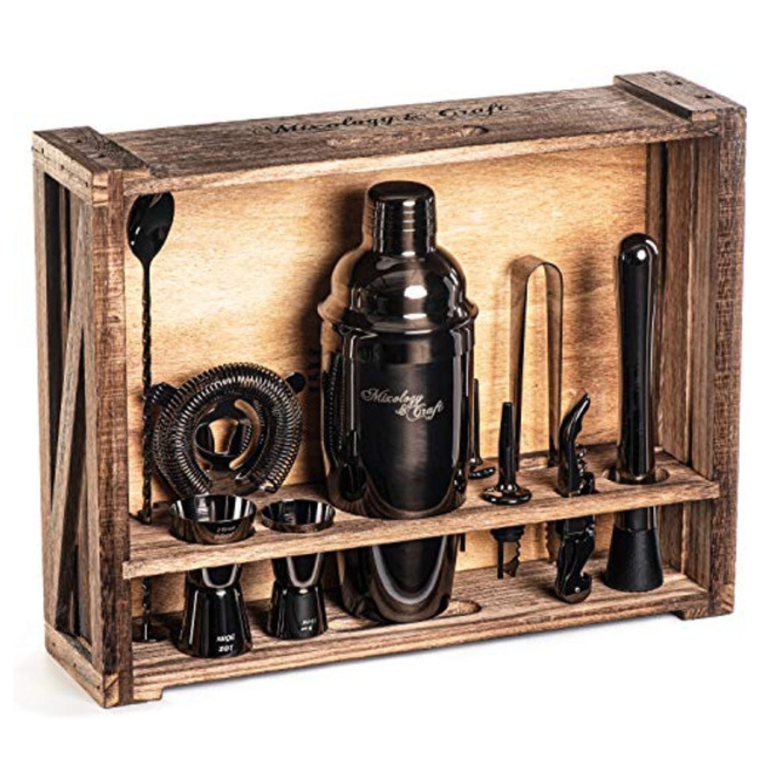 11-Piece Bartender Kit with Rustic Wood Stand - Gun Metal Finish by Mixology & Craft