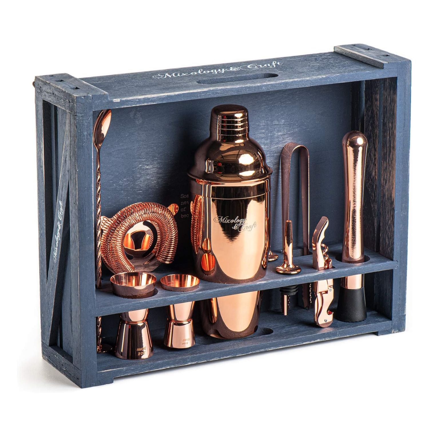11-Piece Bartender Kit with Rustic Wood Stand - Copper Finish by Mixology & Craft
