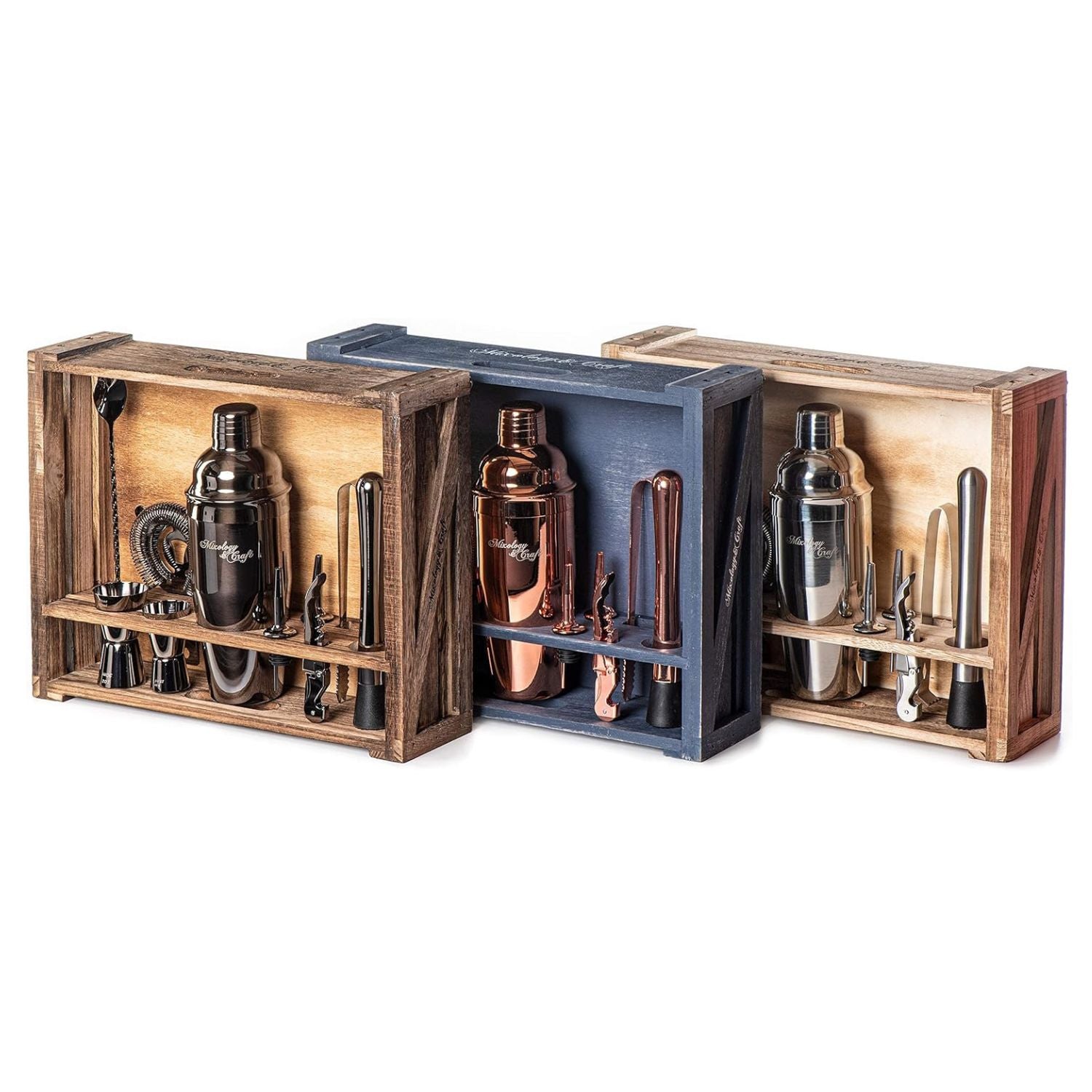 Cocktail Shaker and Bar Tools in Rustic Wooden Crates – Copper, Silver, and Gun Metal Finish by Mixology & Craft