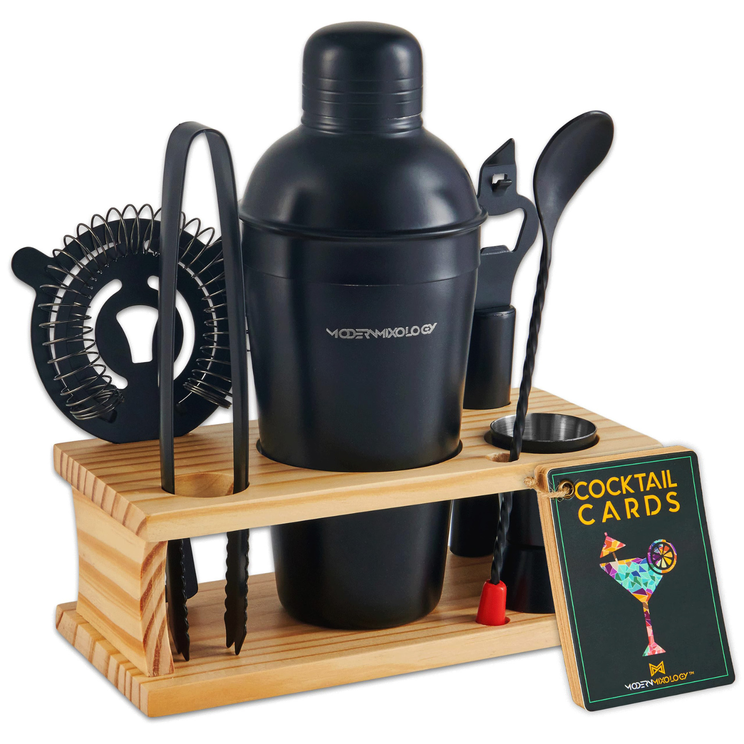 8-Piece Matte Black Bartender Kit with Wood Stand by Modern Mixology