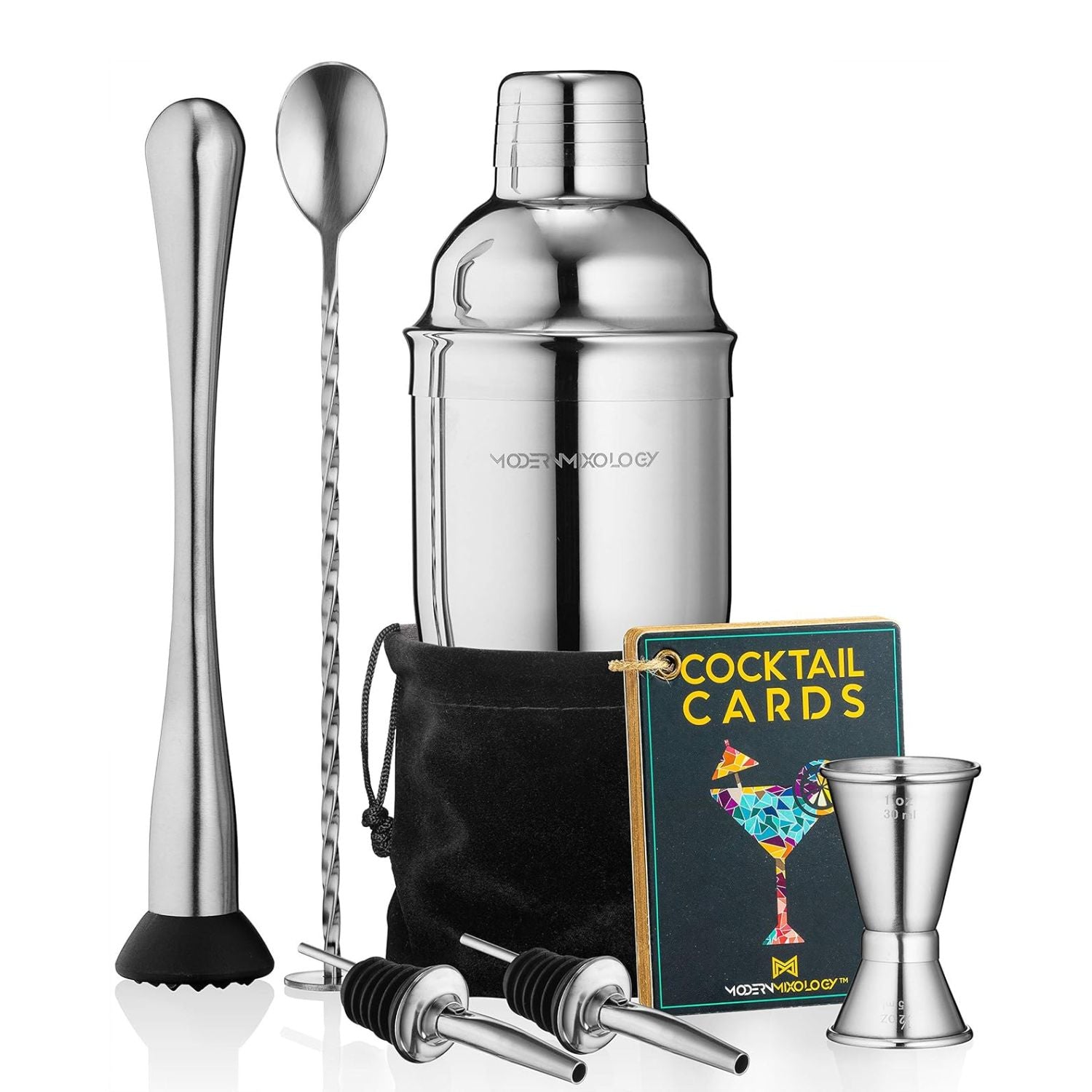 Portable 8-Piece Cocktail Shaker Set  Silver with Velvet Bag by Mixology & Craft