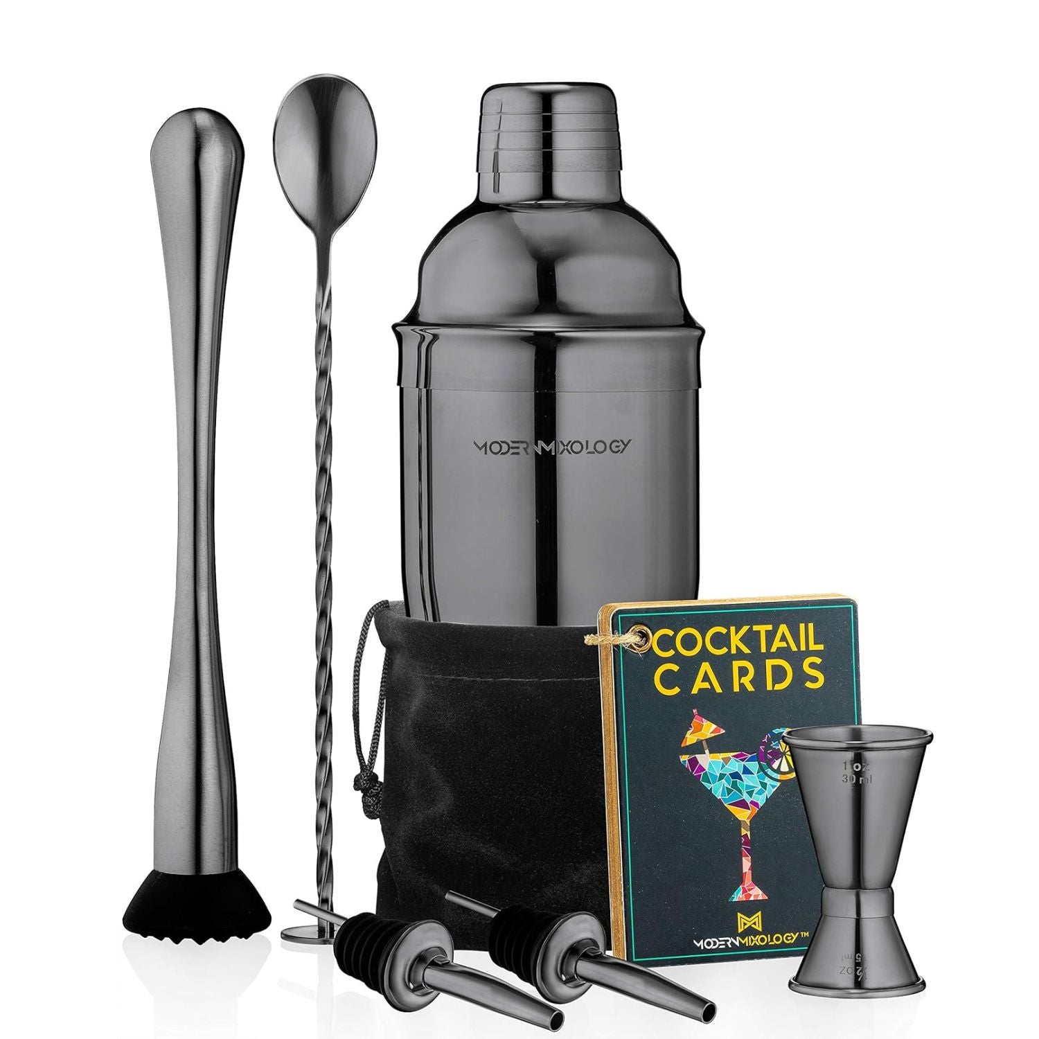 Portable 8-Piece Cocktail Shaker Set  Black with Velvet Bag by Mixology & Craft