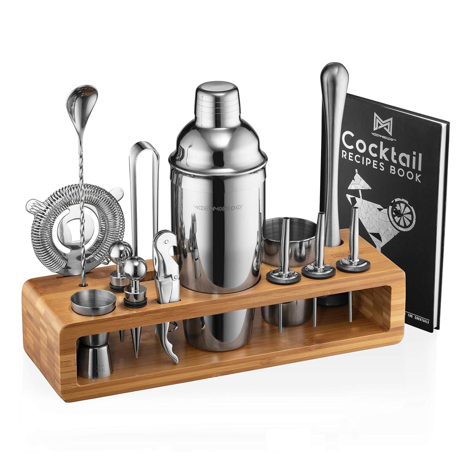 23-Piece Bartender Kit with Bamboo Stand - Silver by Mixology & Craft