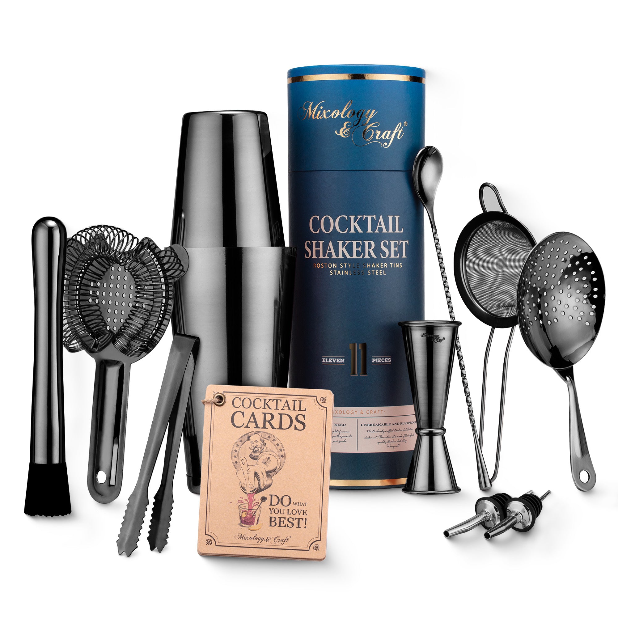 Cocktail Shaker Set – Boston Shaker Bar Tools & Accessories Kit - Black Finish by Mixology & Craft