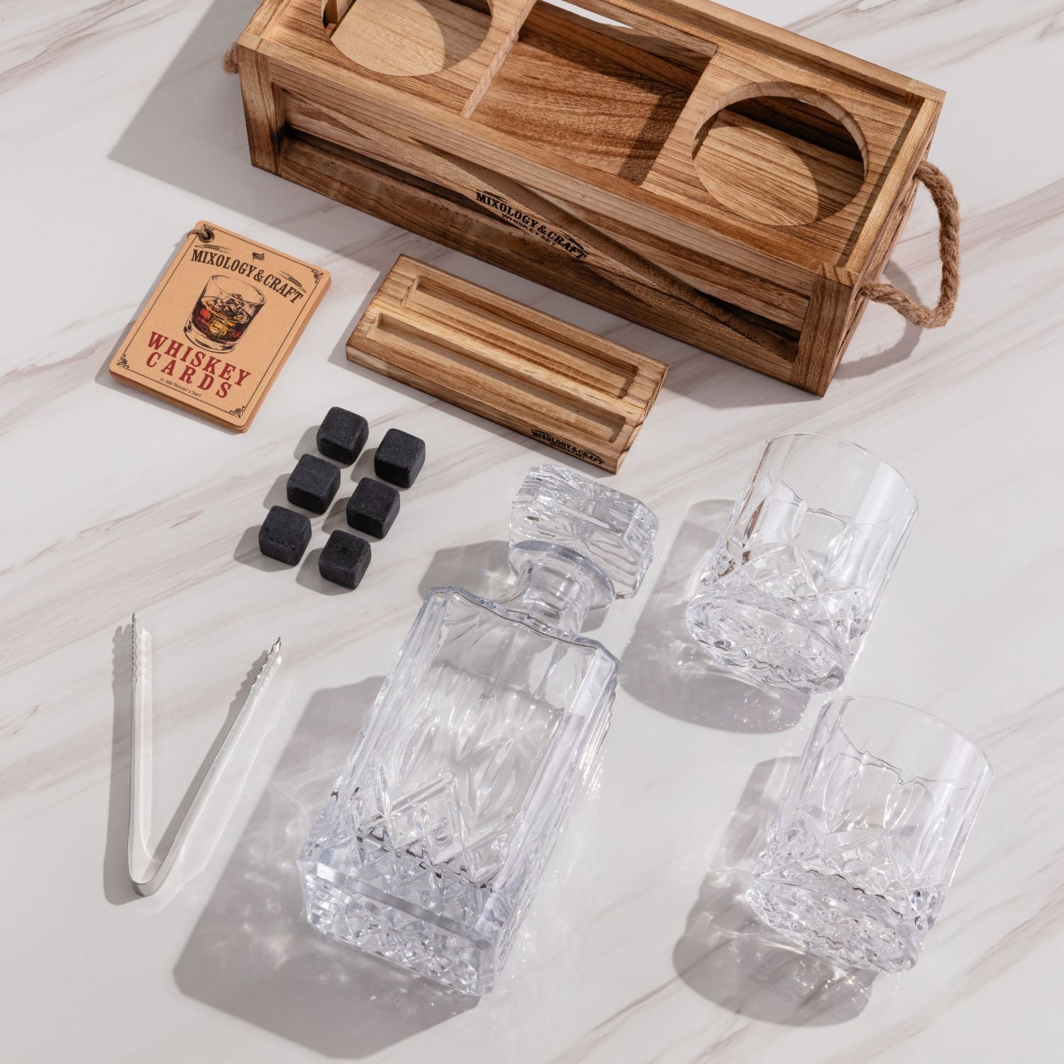 Whiskey Decanter Set with Wood Stand and Tongs by Mixology & Craft
