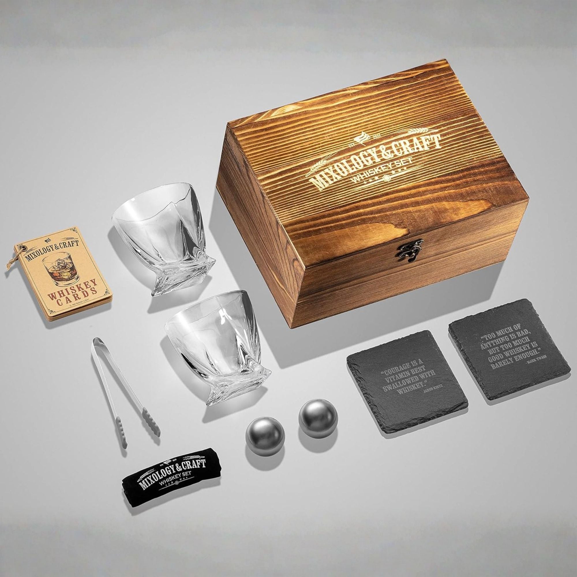 Whiskey Lover Gift Set – Glasses, Stones, Wooden Box & Recipes by Mixology & Craft