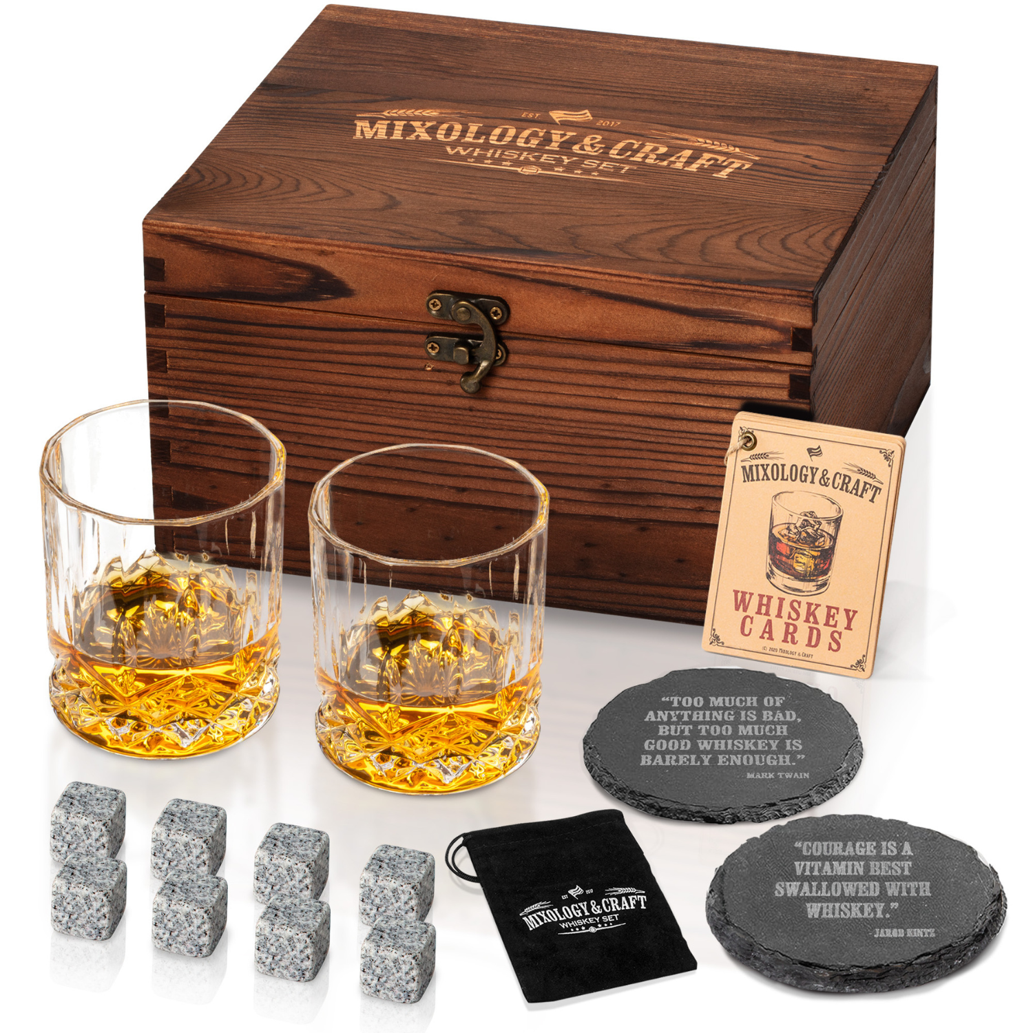 Whiskey Latch Crate Gift Set - 13 Piece - Dimond Glasses - Brown by Mixology & Craft