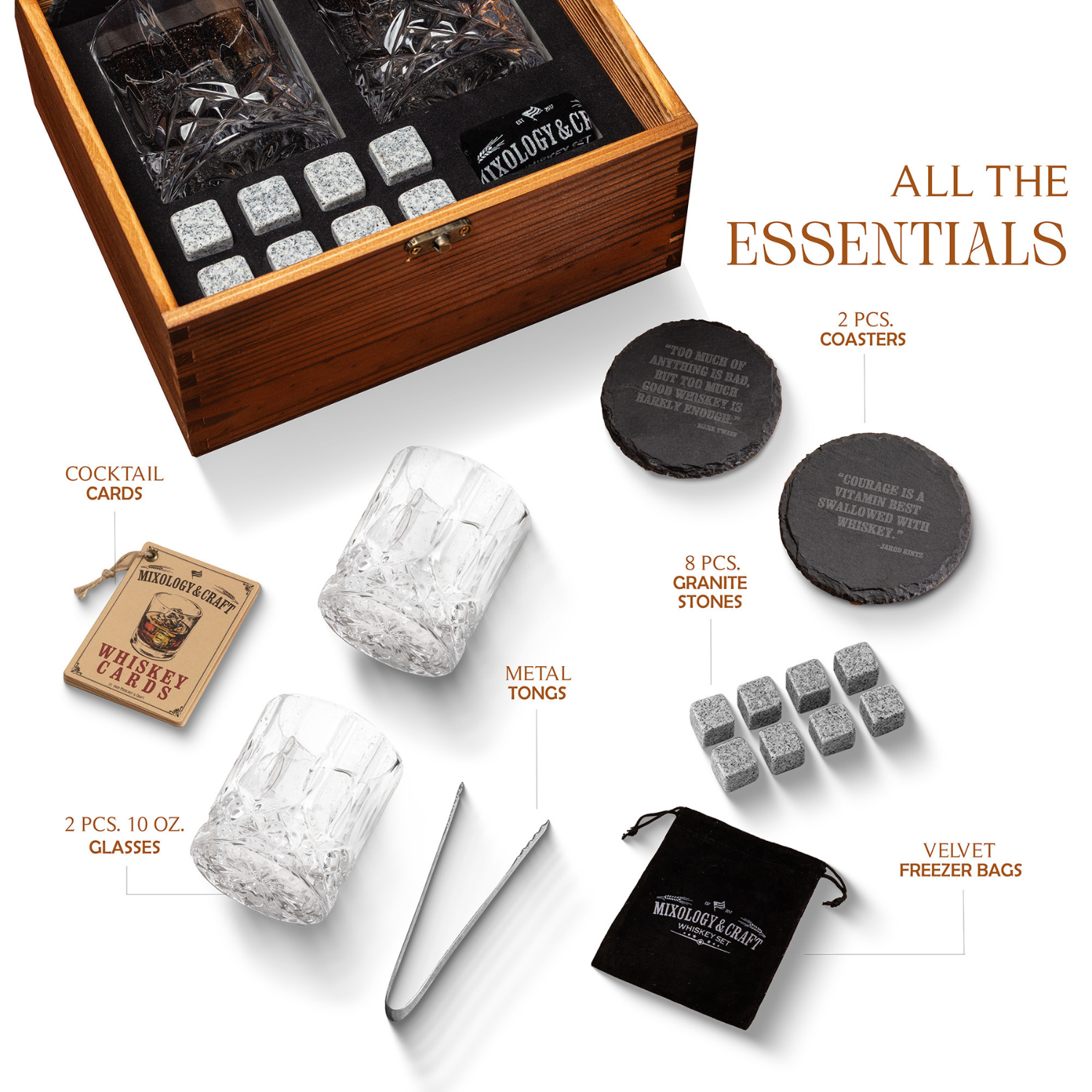 Full Whiskey Gift Set with Glasses, Stones, Coasters, and Recipe Cards by Mixology & Craft