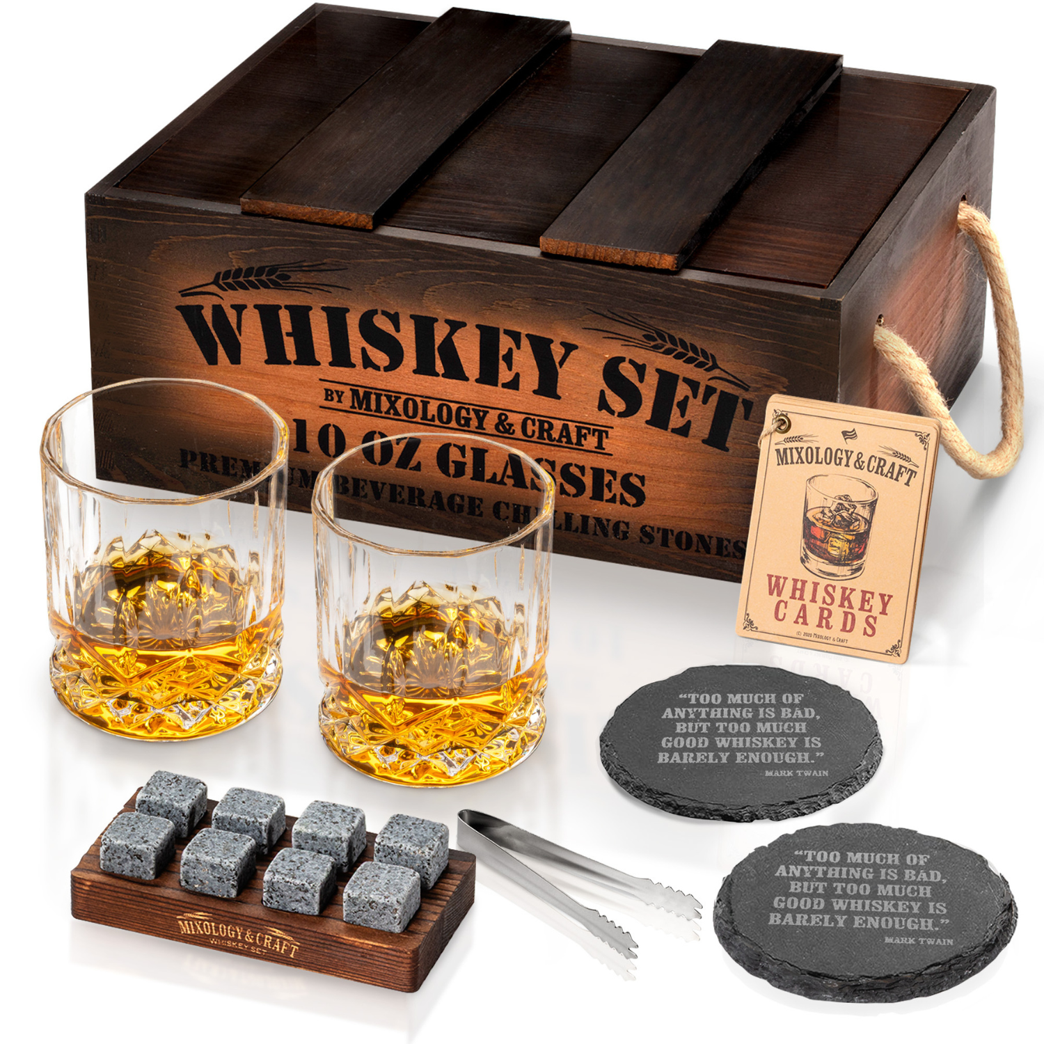 Whiskey Crate Gift Set - 15 Piece - Diamond Glasses - Dark Brown by Mixology & Craft