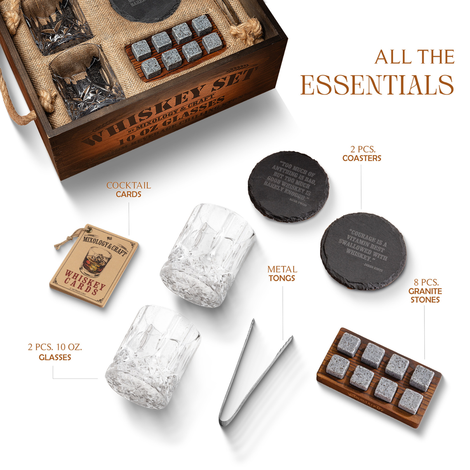 Whiskey Gift Set with 10 oz glasses, Granite Stones, Coasters, Tongs, and Recipe Cards by Mixology & Craft