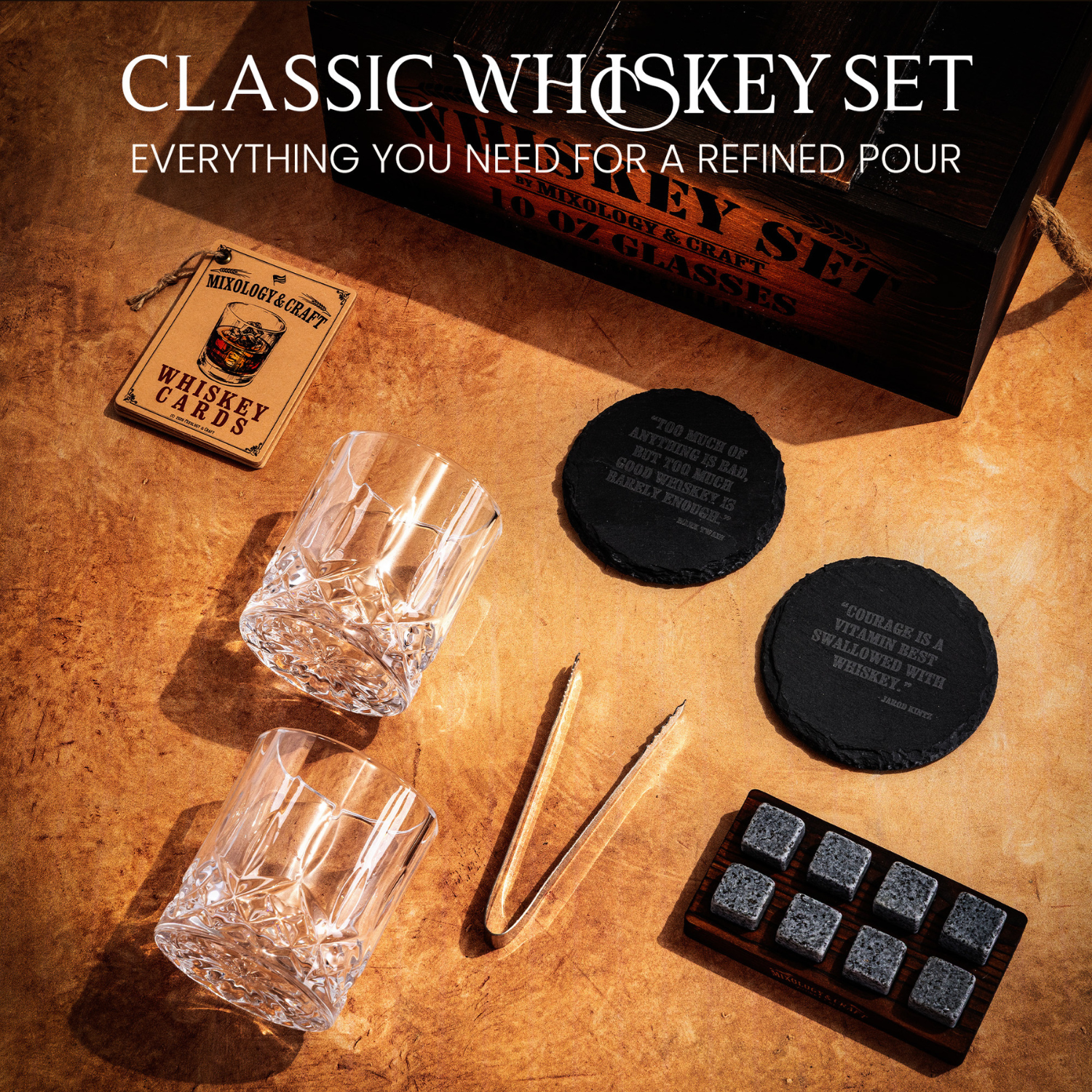 Classic Whiskey Set with Glasses, Chilling Stones, and Tongs for a Refined Pour by Mixology & Craft