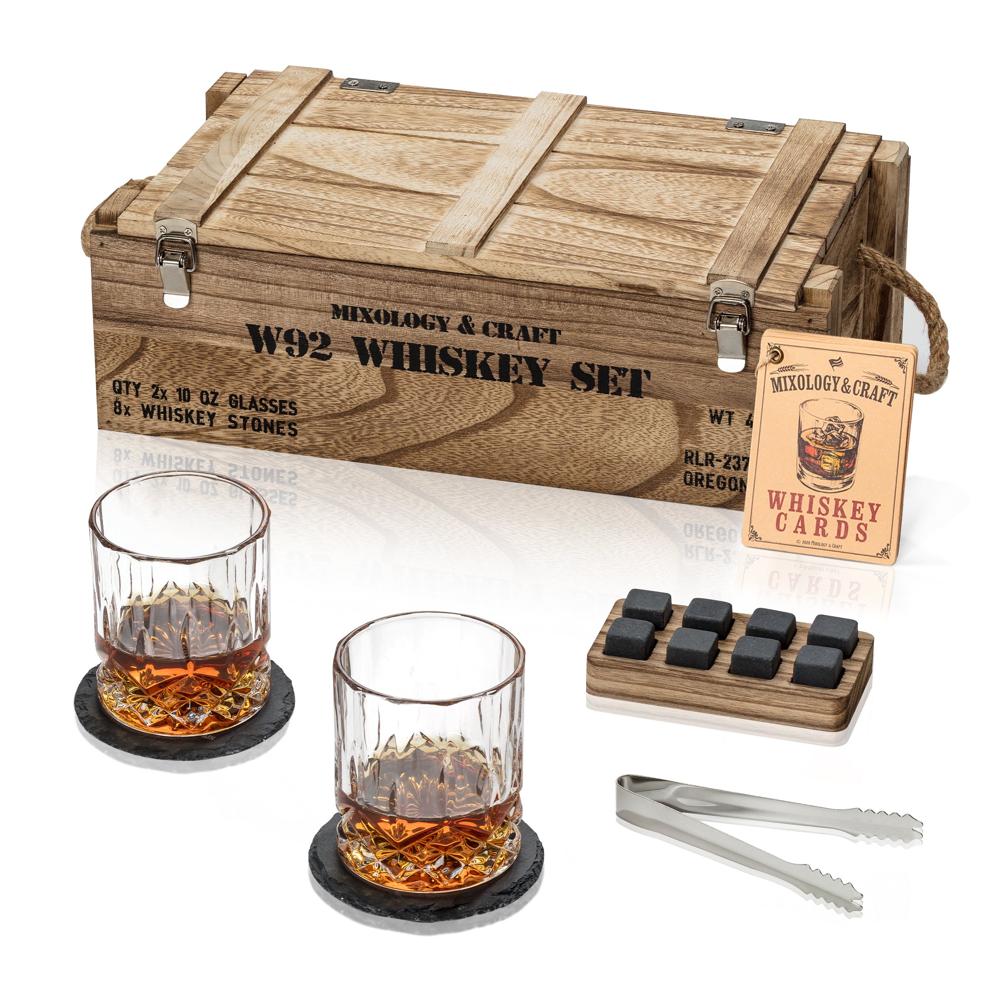 Whiskey Wooden Army Crate Gift Set - 15 Piece - Diamond Glasses with Whiskey Stones by Mixology & Craft