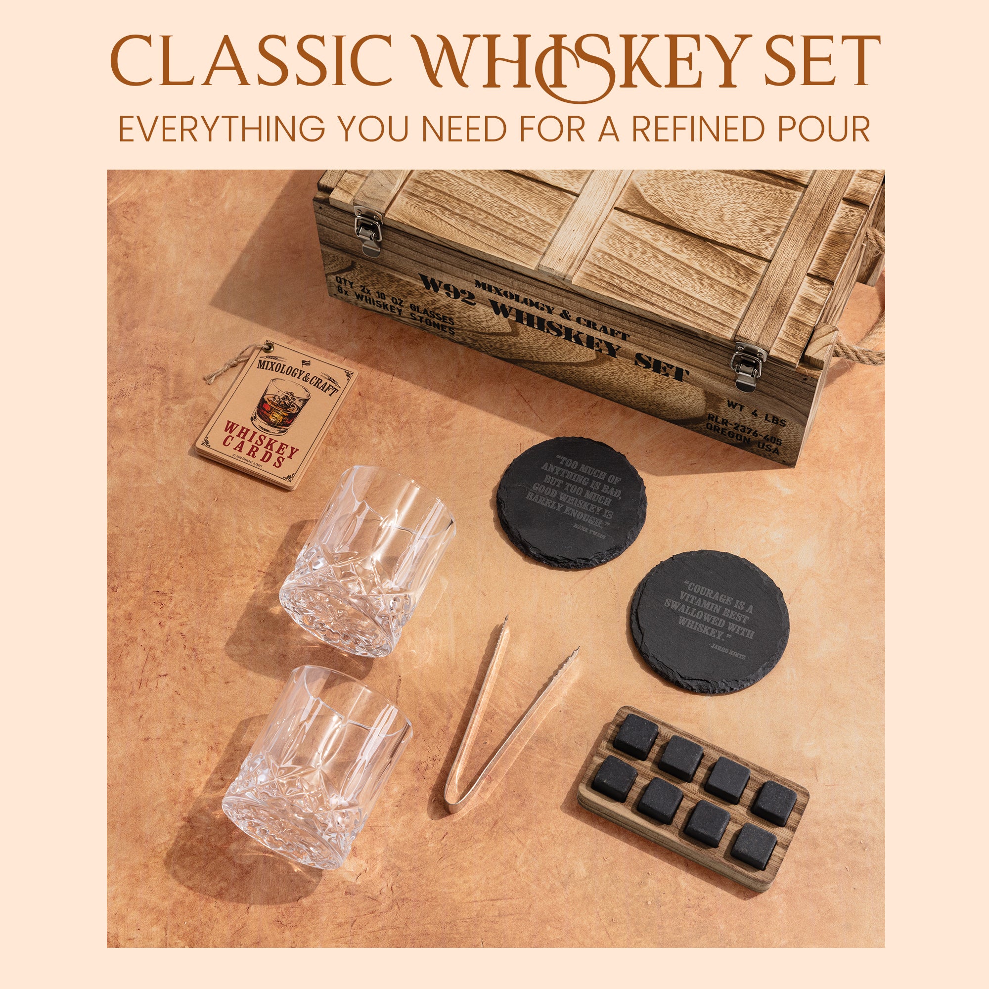 Vintage-Style Whiskey Crate with Whiskey Stones, Cocktail Recipe Cards, and Crystal Glasses by Mixology & Craft