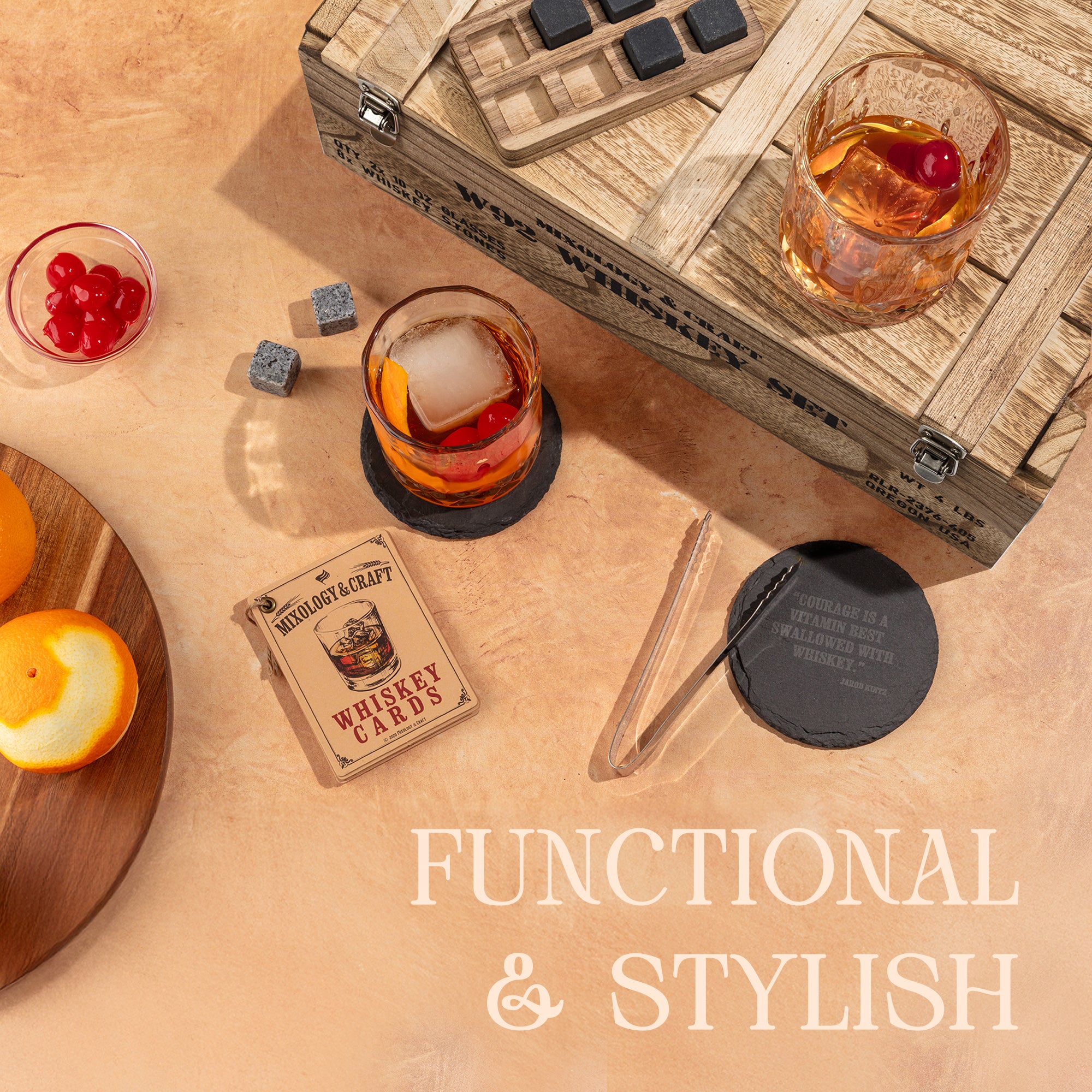 Functional & Stylish Rustic Whiskey Crate Bar Set by Mixology & Craft