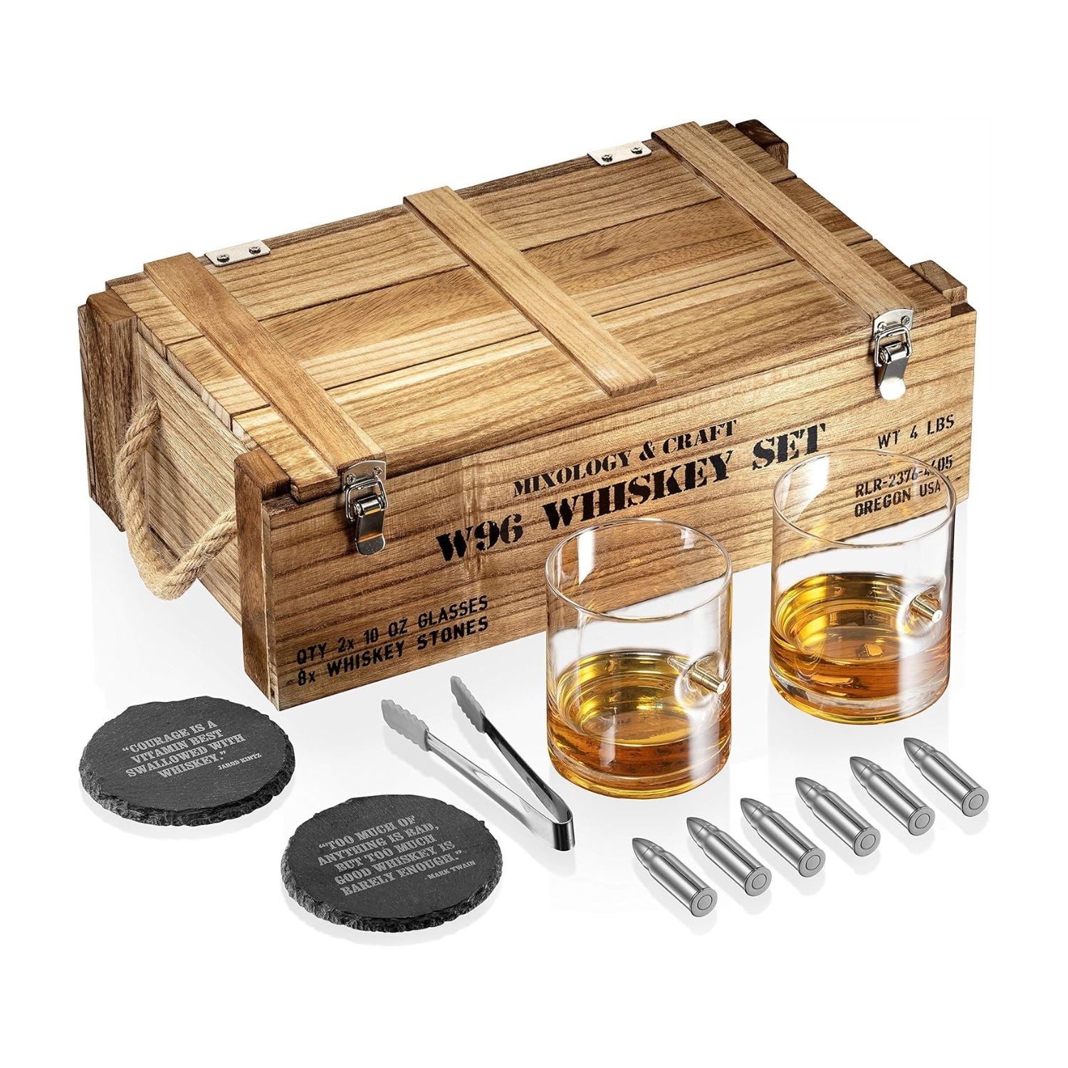 Whiskey Wooden Army Crate Gift Set - 13 Piece - Diamond Glasses with Silver Bullets by Mixology & Craft