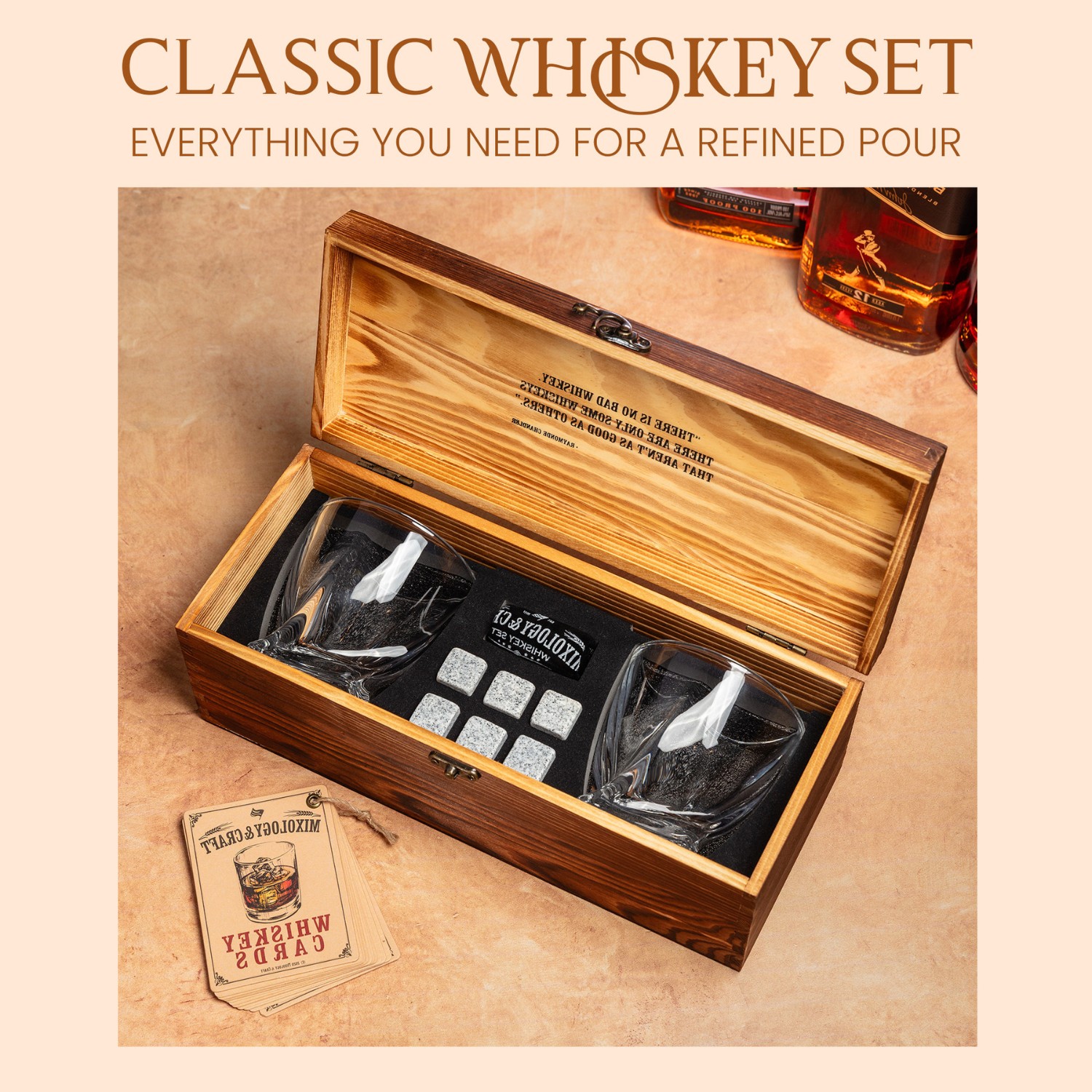 Classic Whiskey Gift Set with Glasses, Granite Stones, and Coasters in Wood Crate by Mixology & Craft