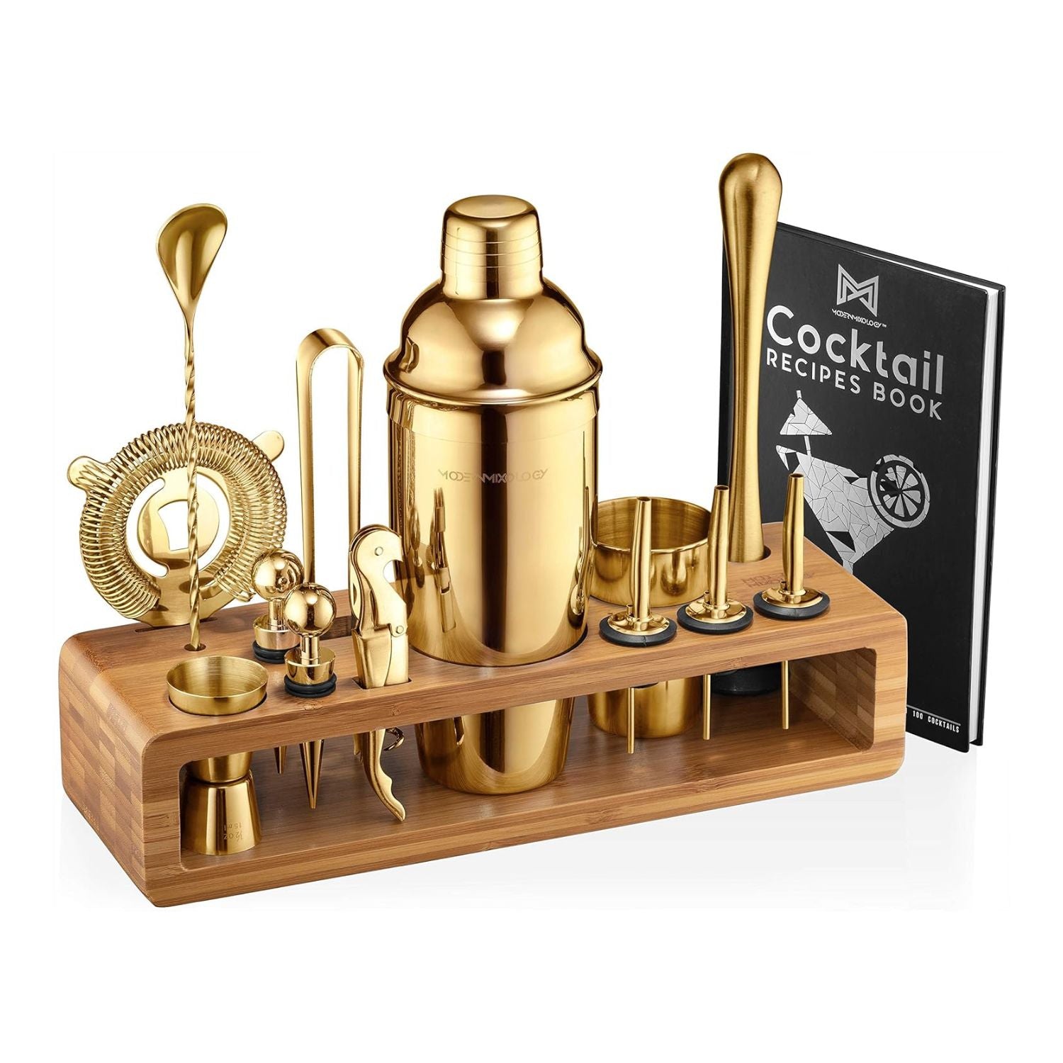 23-Piece Bartender Kit with Bamboo Stand - Gold by Mixology & Craft