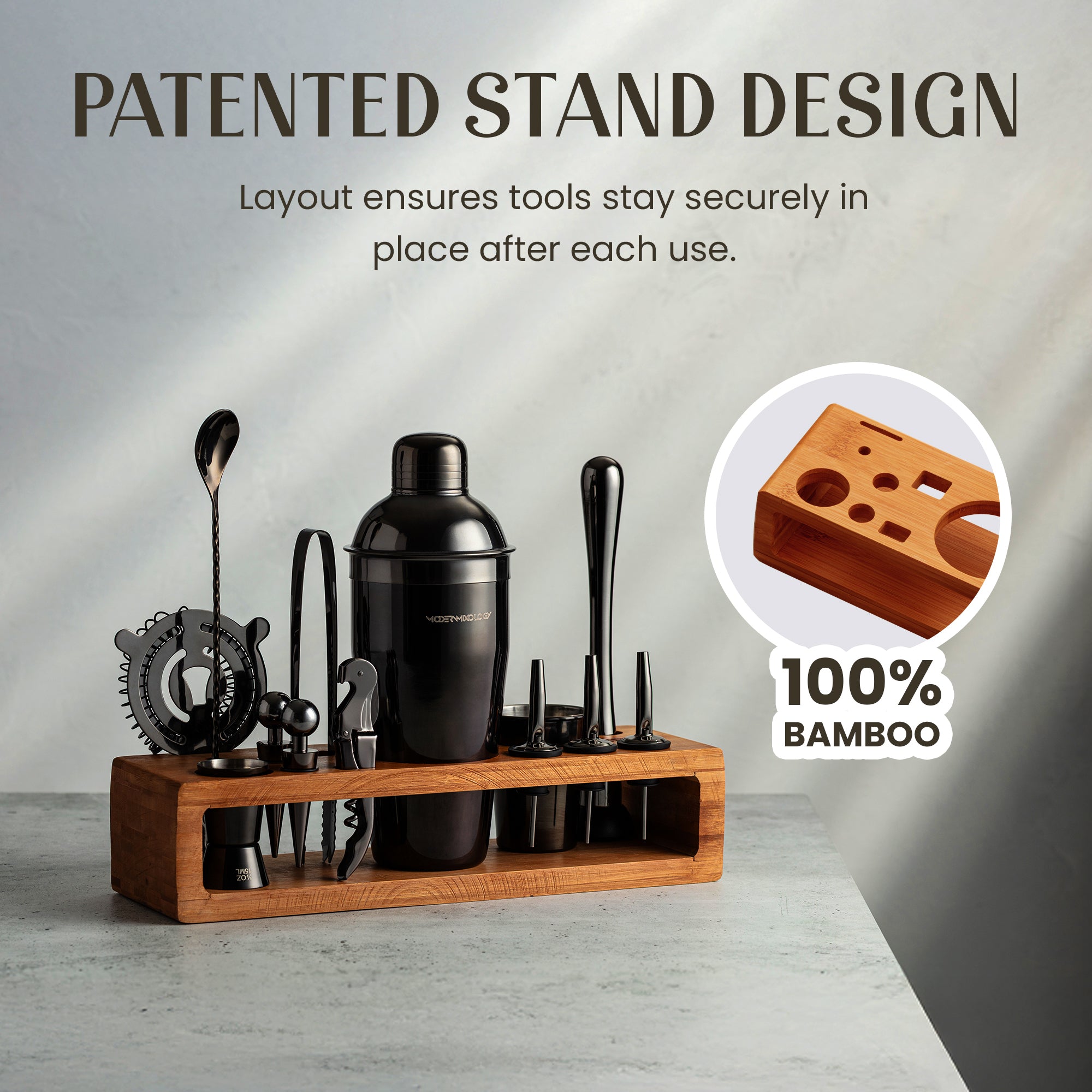 Premium Stainless Steel Bartender Kit with 100% Bamboo Stand by Mixology & Craft”