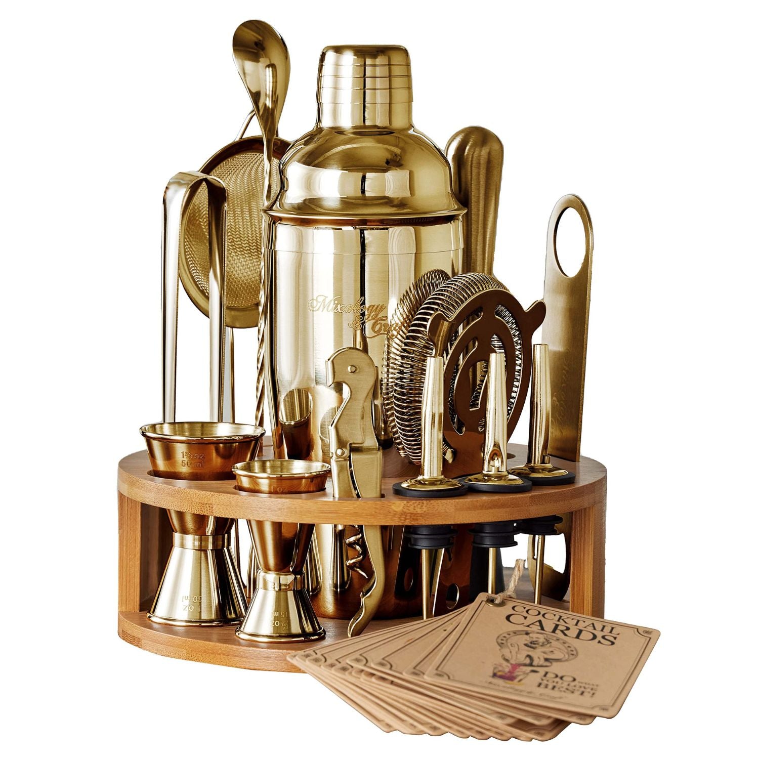 Bartender Kit - 15-Piece with Round Bamboo Stand - Gold by Mixology & Craft