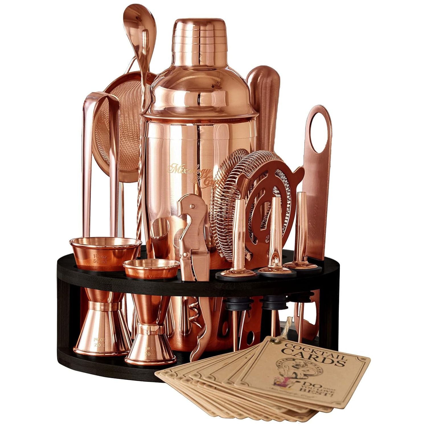 Bartender Kit - 15-Piece with Black Round Bamboo Stand - Copper by Mixology & Craft
