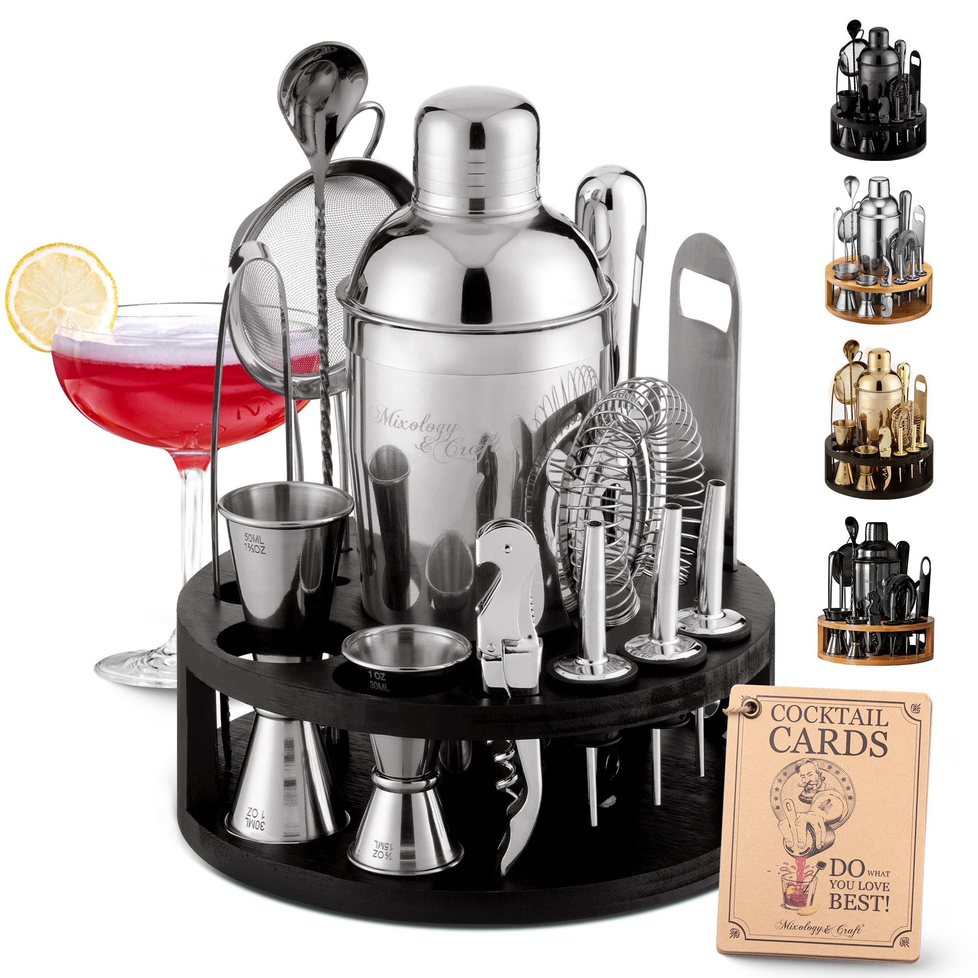 Bartender Kit - 15-Piece with Black Round Bamboo Stand - Silver by Mixology & Craft