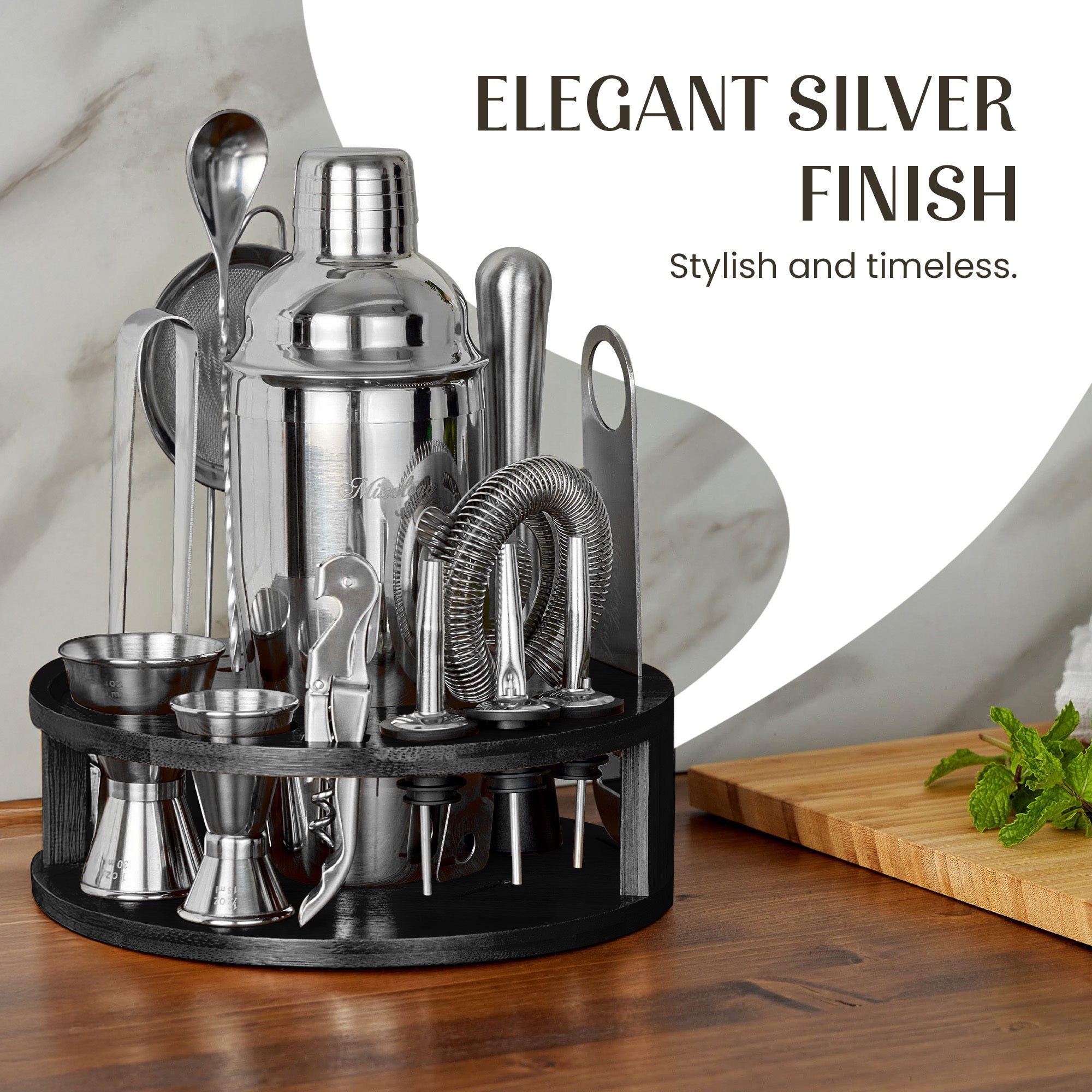 15-Piece Bartender Kit with Stainless Steel Tools and Bamboo Stand for Home Cocktails by Mixology & Craft