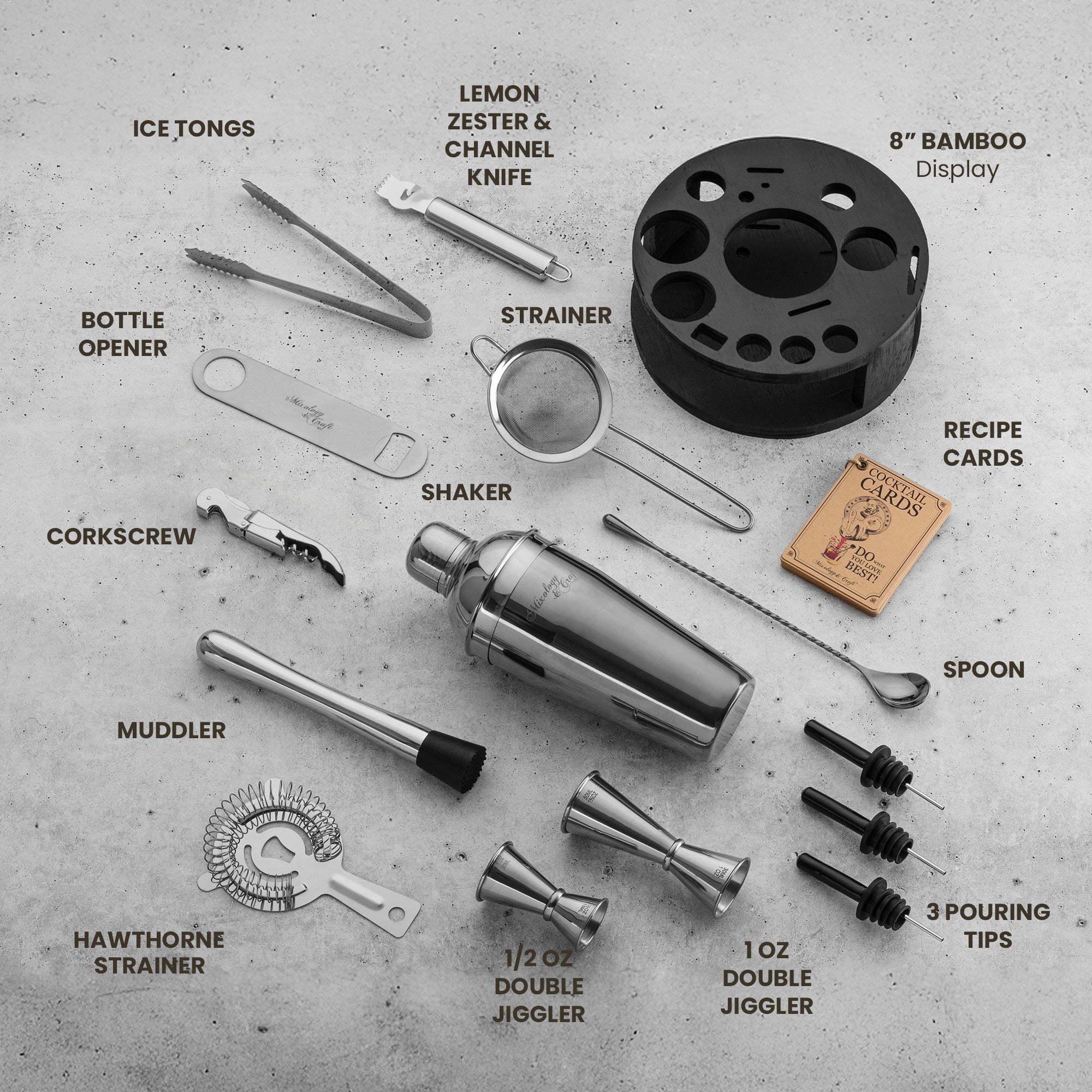 Everything In Its Place — Silver Bartender Tools Arranged in Black Bamboo Stand by Mixology & Craft