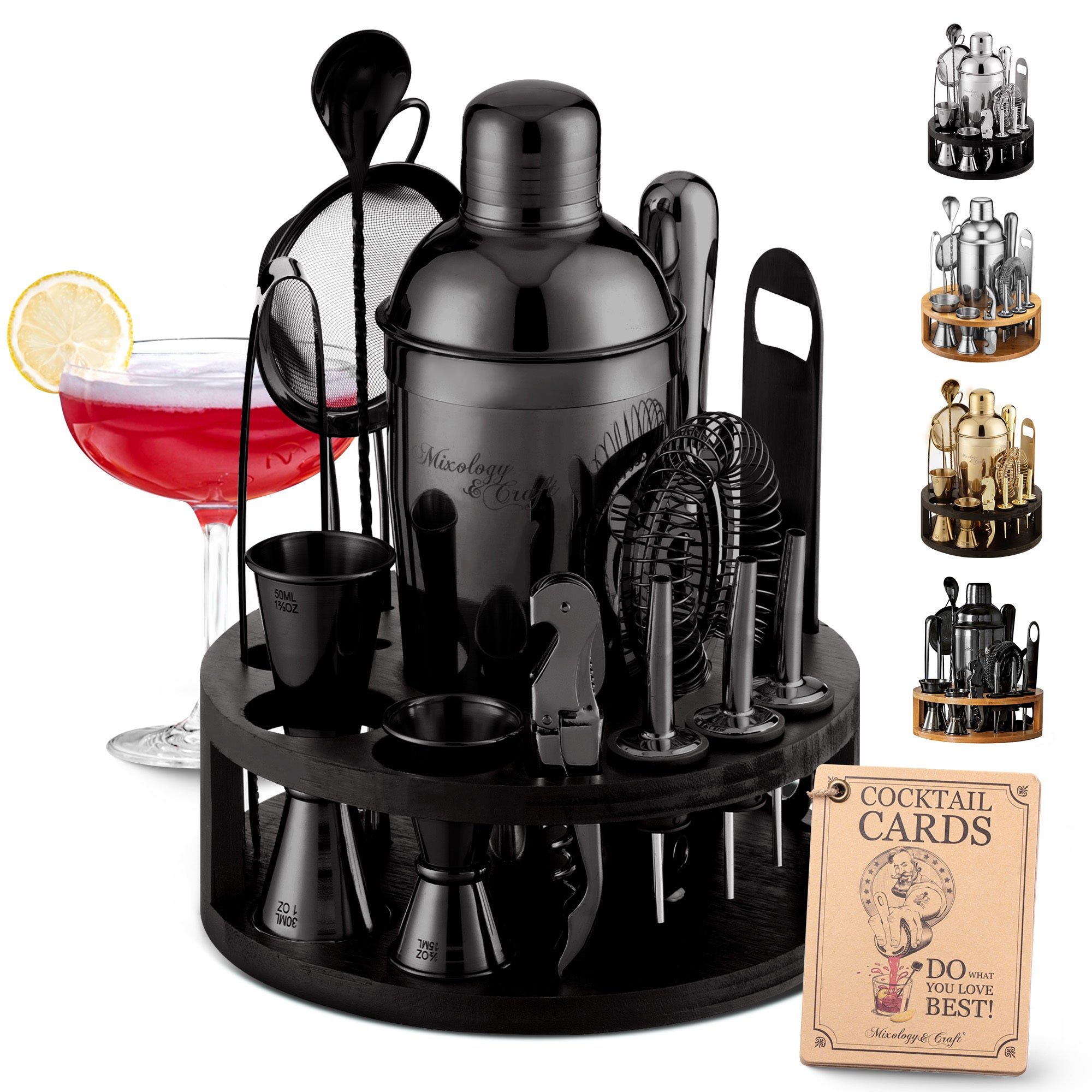 Bartender Kit - 15-Piece with Black Round Bamboo Stand - Black by Mixology & Craft