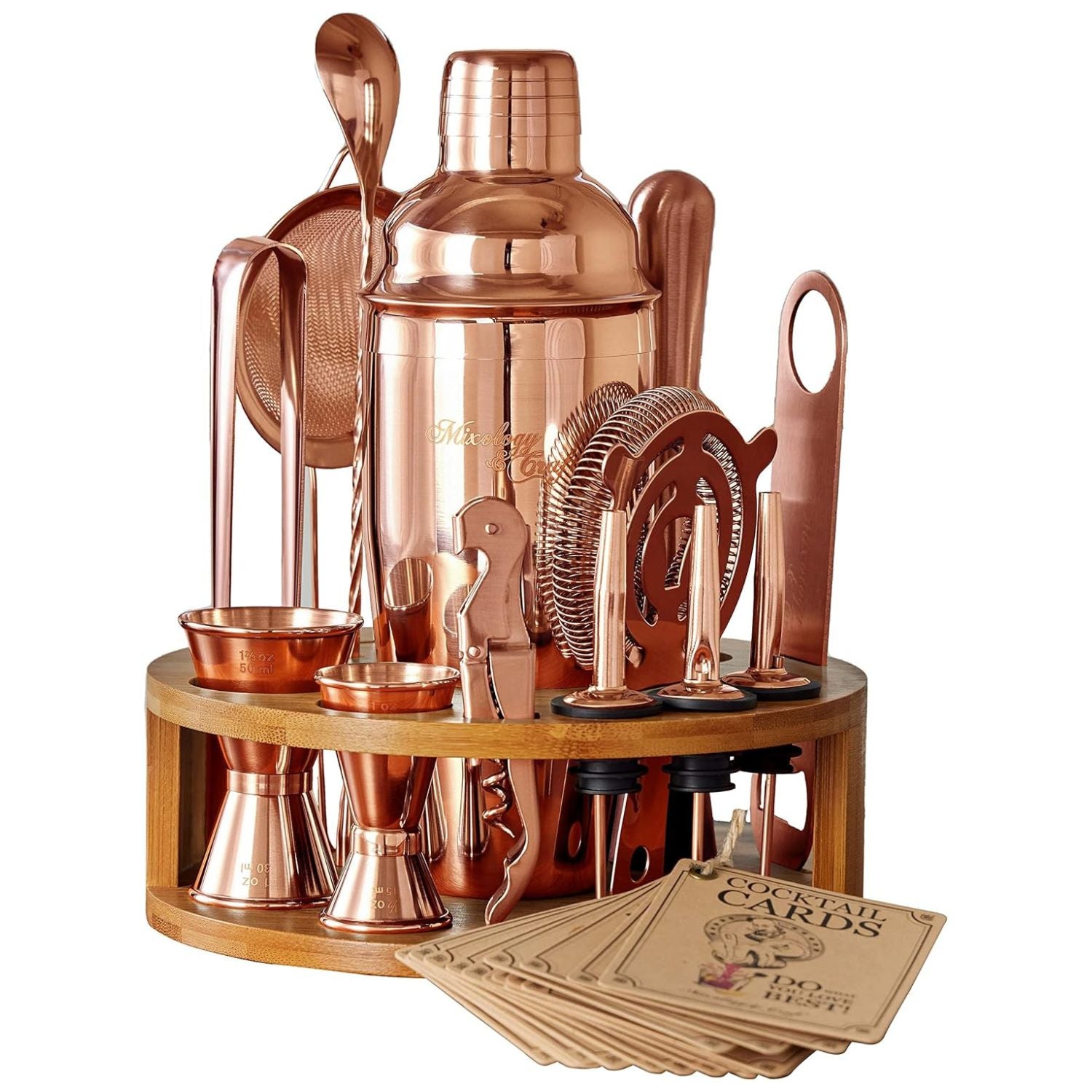 Bartender Kit - 15-Piece with Round Bamboo Stand - Copper by Mixology & Craft