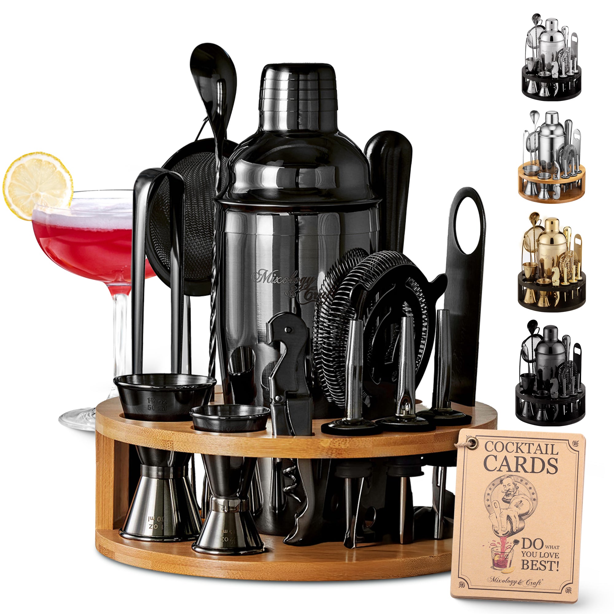 Bartender Kit - 15-Piece with Round Bamboo Stand - Black by Mixology & Craft