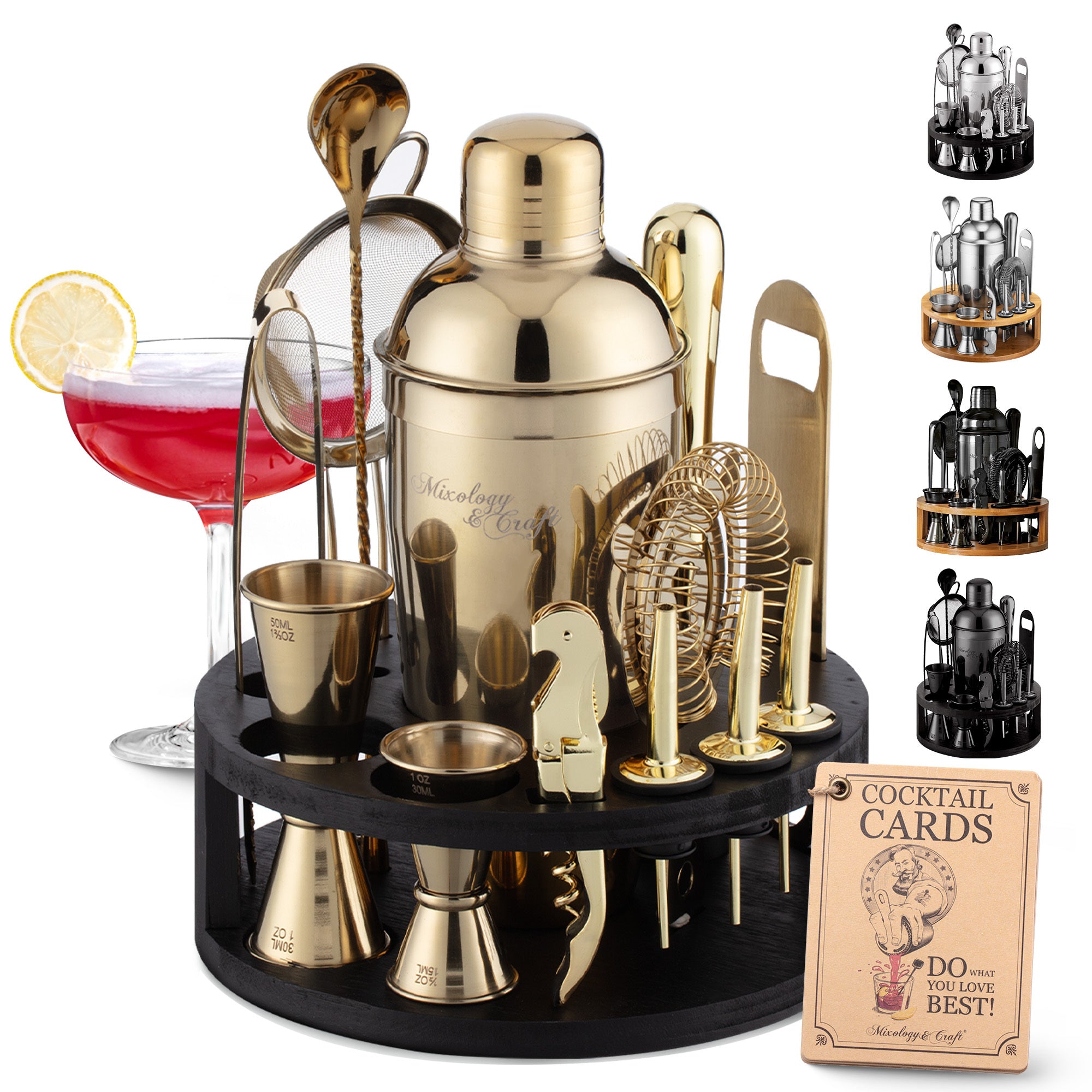 Bartender Kit - 15-Piece with Black Round Bamboo Stand - Gold by Mixology & Craft
