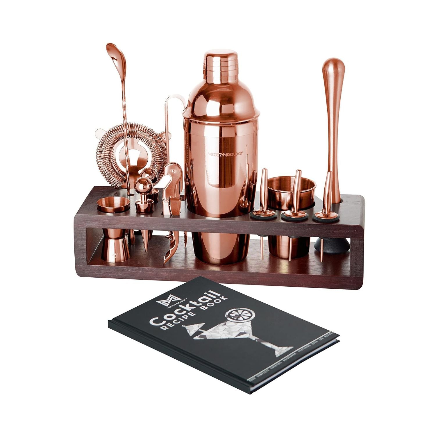 24-Piece Bartender Kit with Dark Wood Stand - Copper by Mixology & Craft