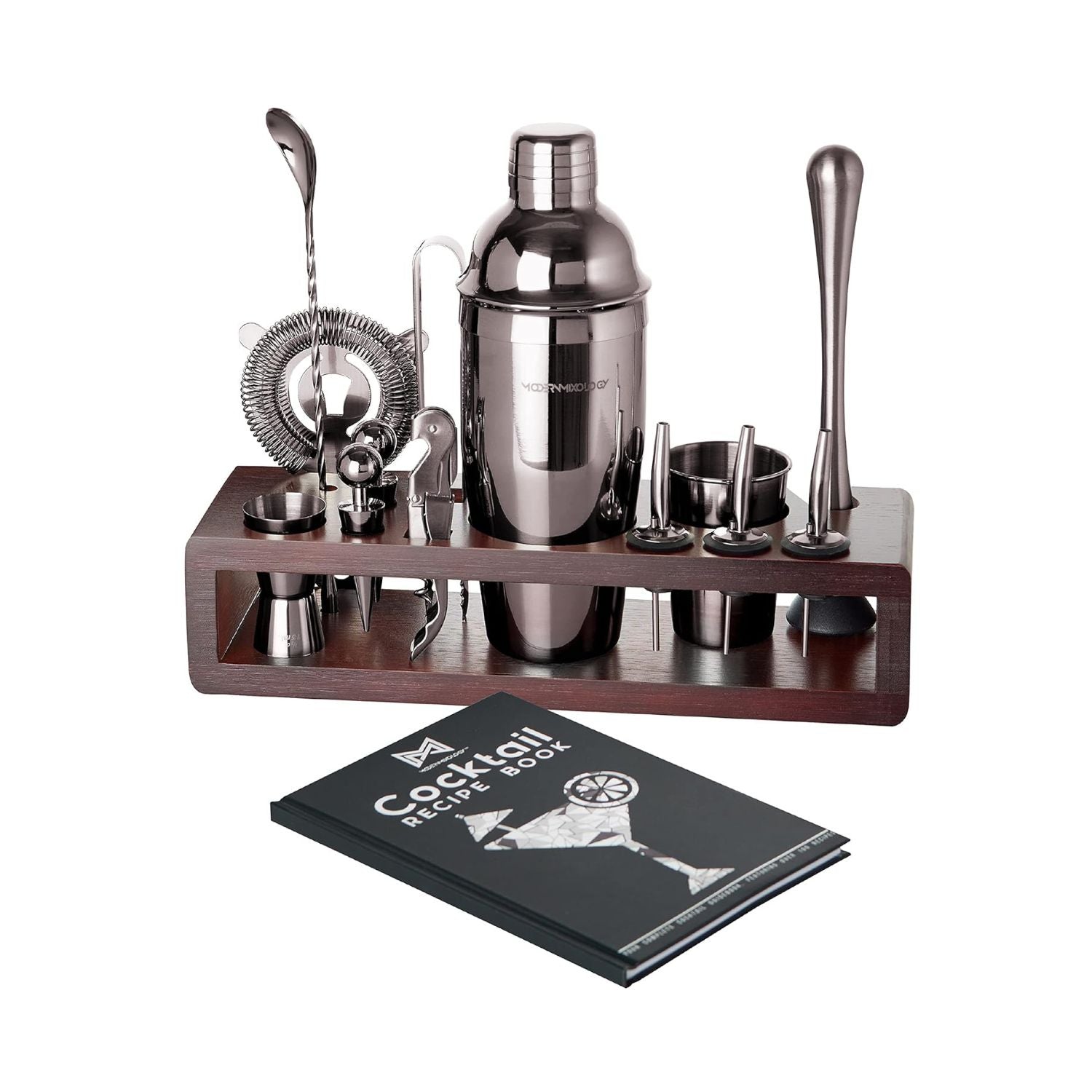 24-Piece Bartender Kit with Dark Wood Stand - Gun Metal by Mixology & Craft