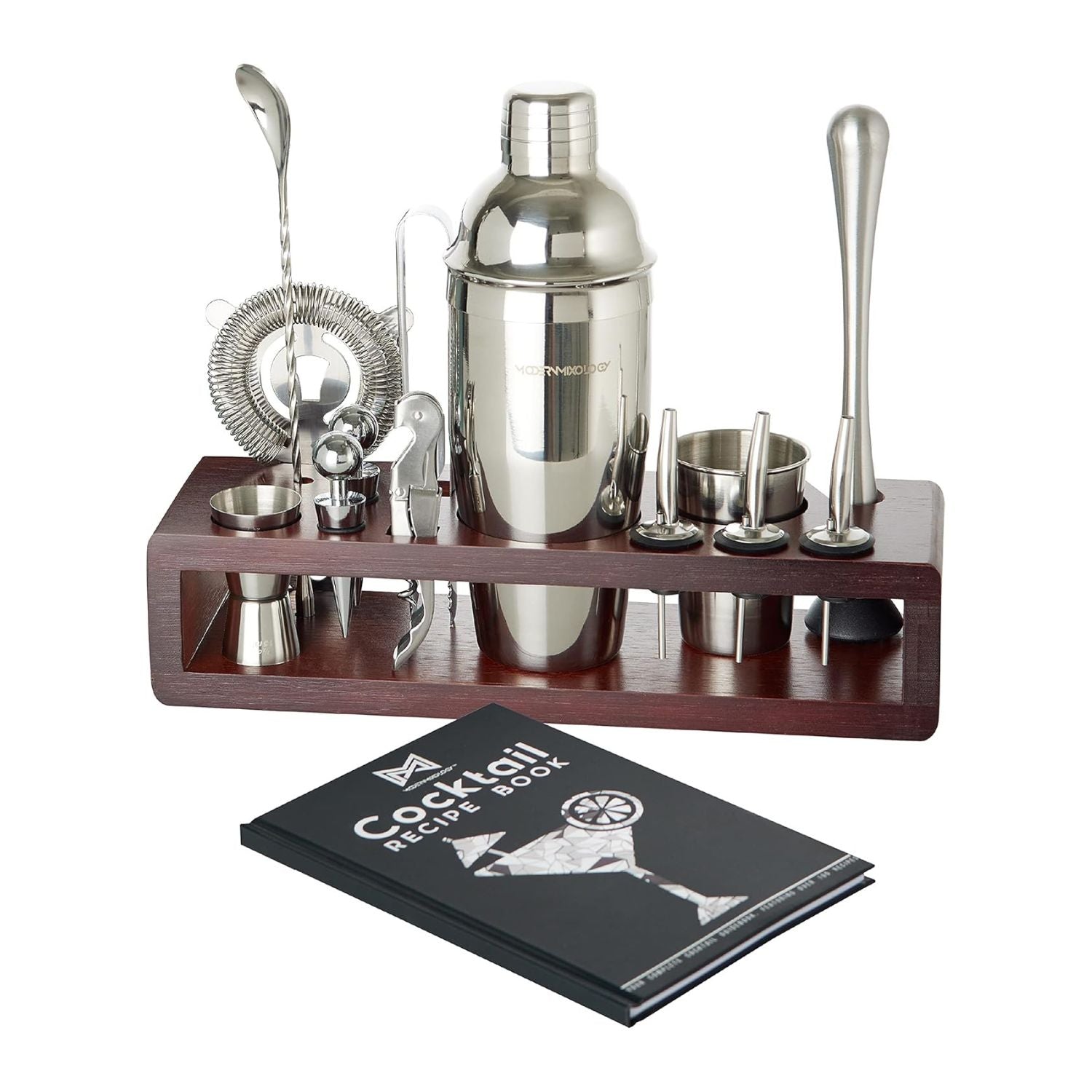 24-Piece Bartender Kit with Dark Wood Stand - Silver by Mixology & Craft