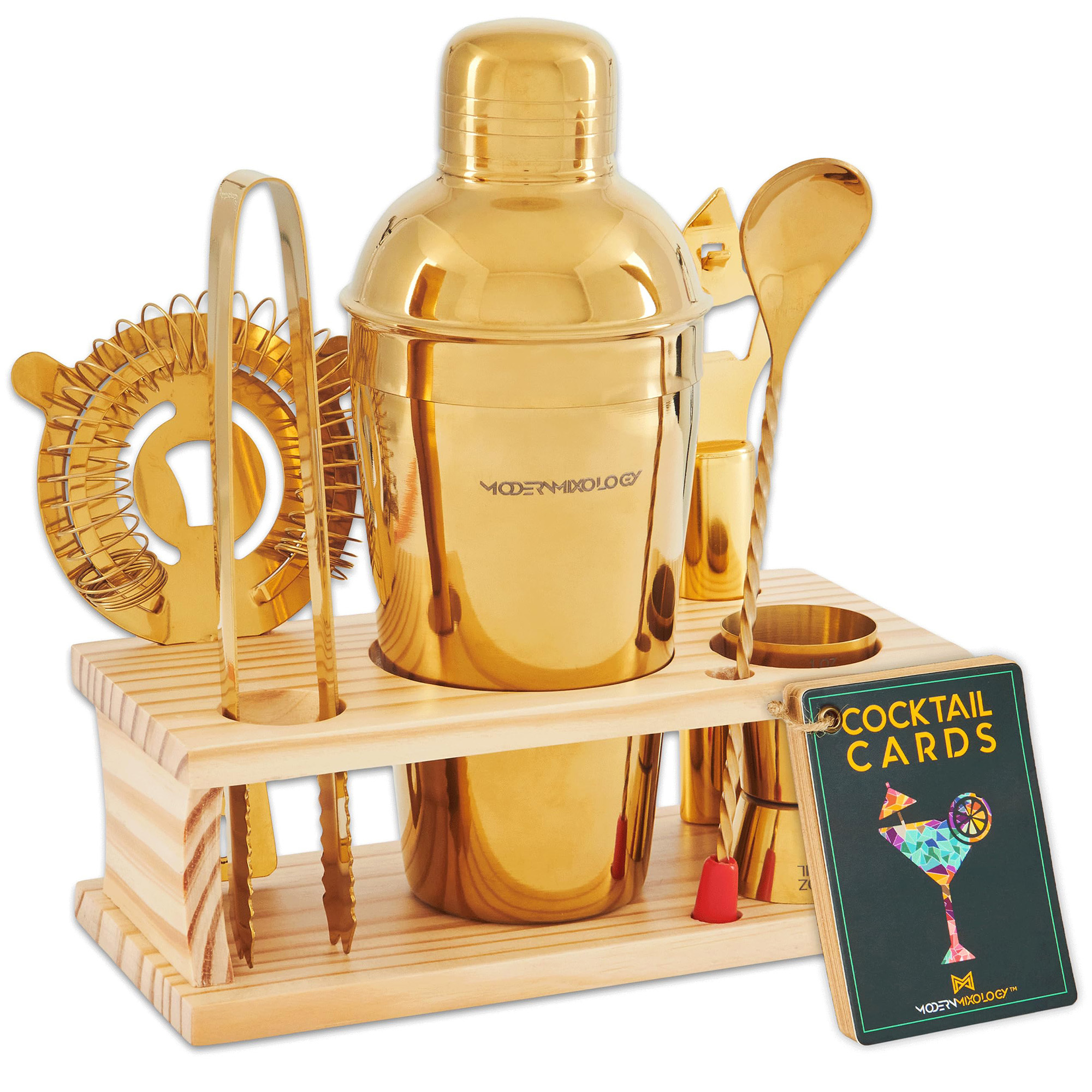 8-Piece Gold Bartender Kit with Wood Stand by Modern Mixology