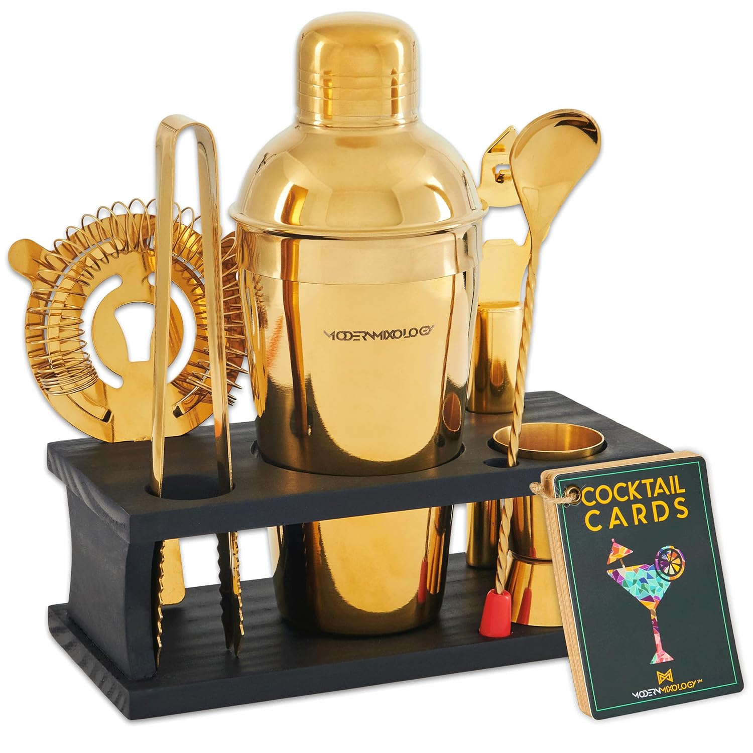 8-Piece Gold Bartender Kit with Black Wood Stand by Modern Mixology