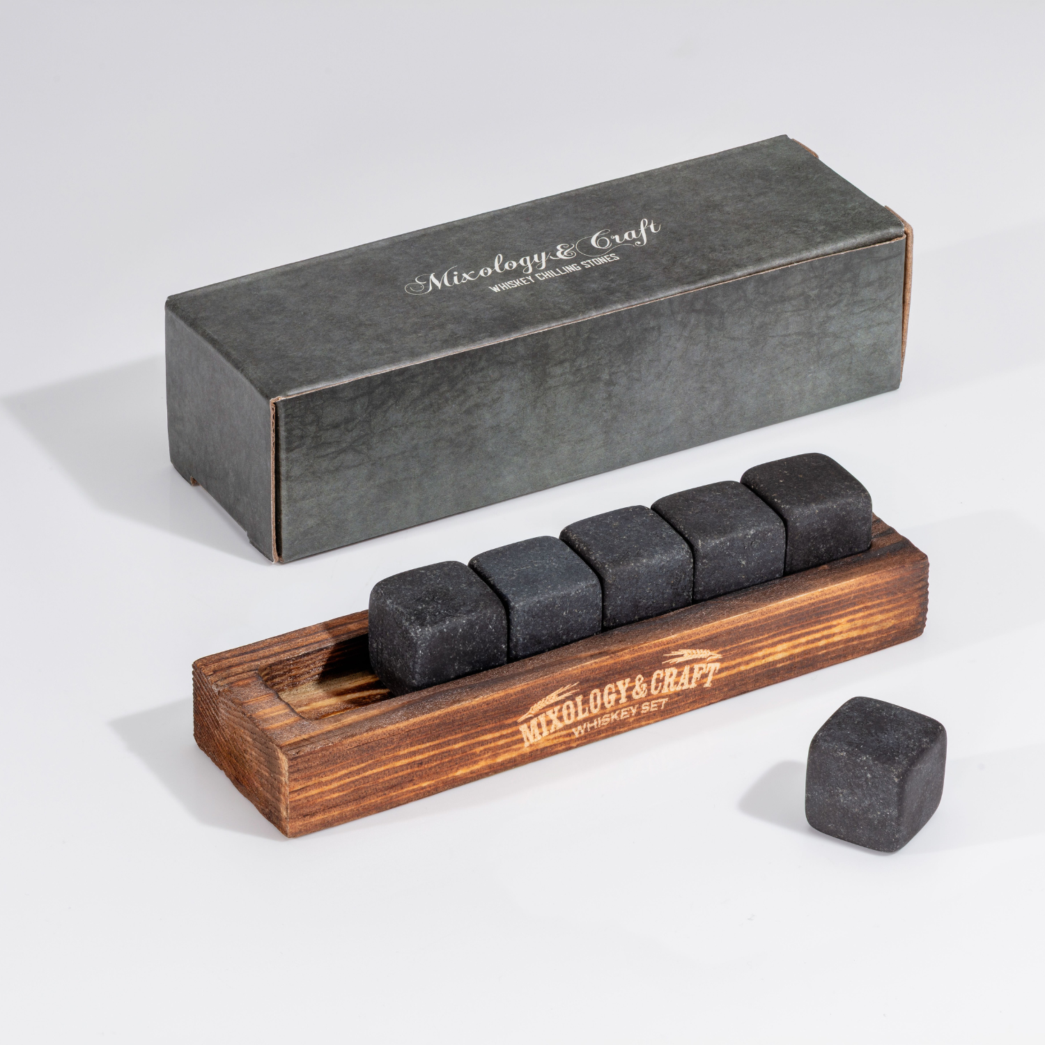 Whiskey Stones – Set of 6 Cube-Shaped Granite Chillers - Dark Granite by Mixology & Craft