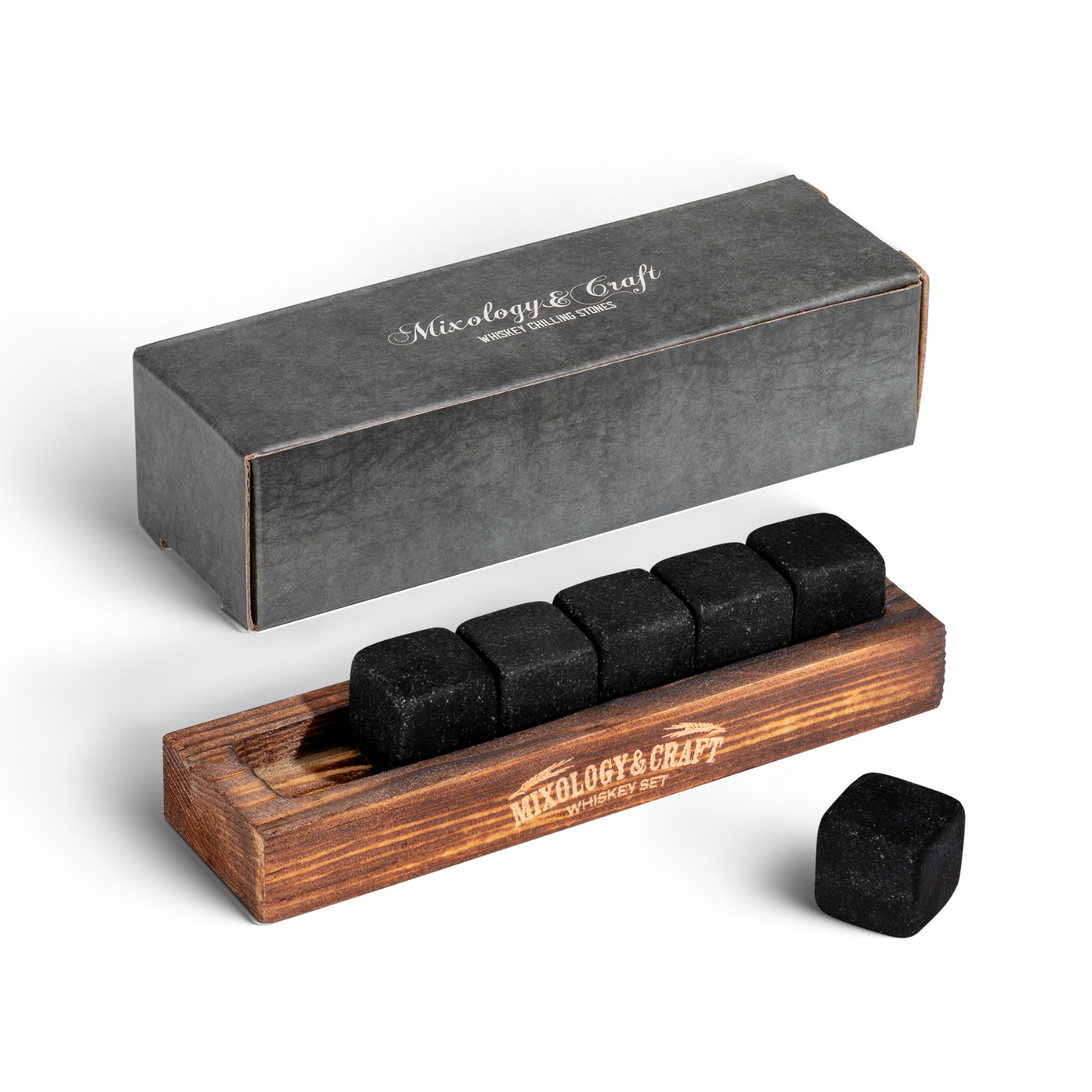 Whiskey Stones – Set of 6 Cube-Shaped Granite Chillers - Black by Mixology & Craft