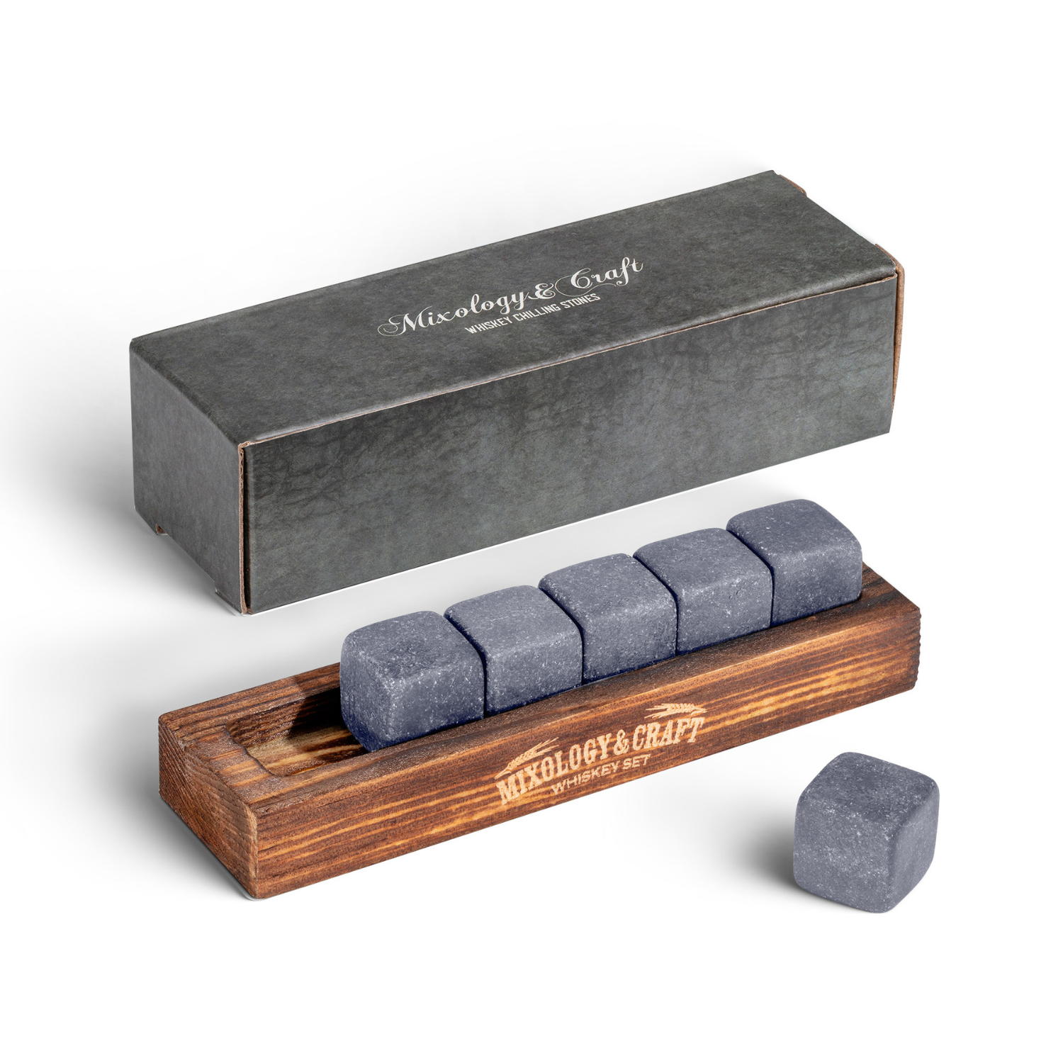 Whiskey Stones – Set of 6 Cube-Shaped Granite Chillers - Graphite Grey by Mixology & Craft