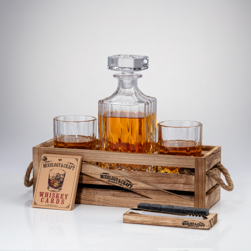 Whiskey Decanter Set with Glasses & Wooden Stand by Mixology & Craft