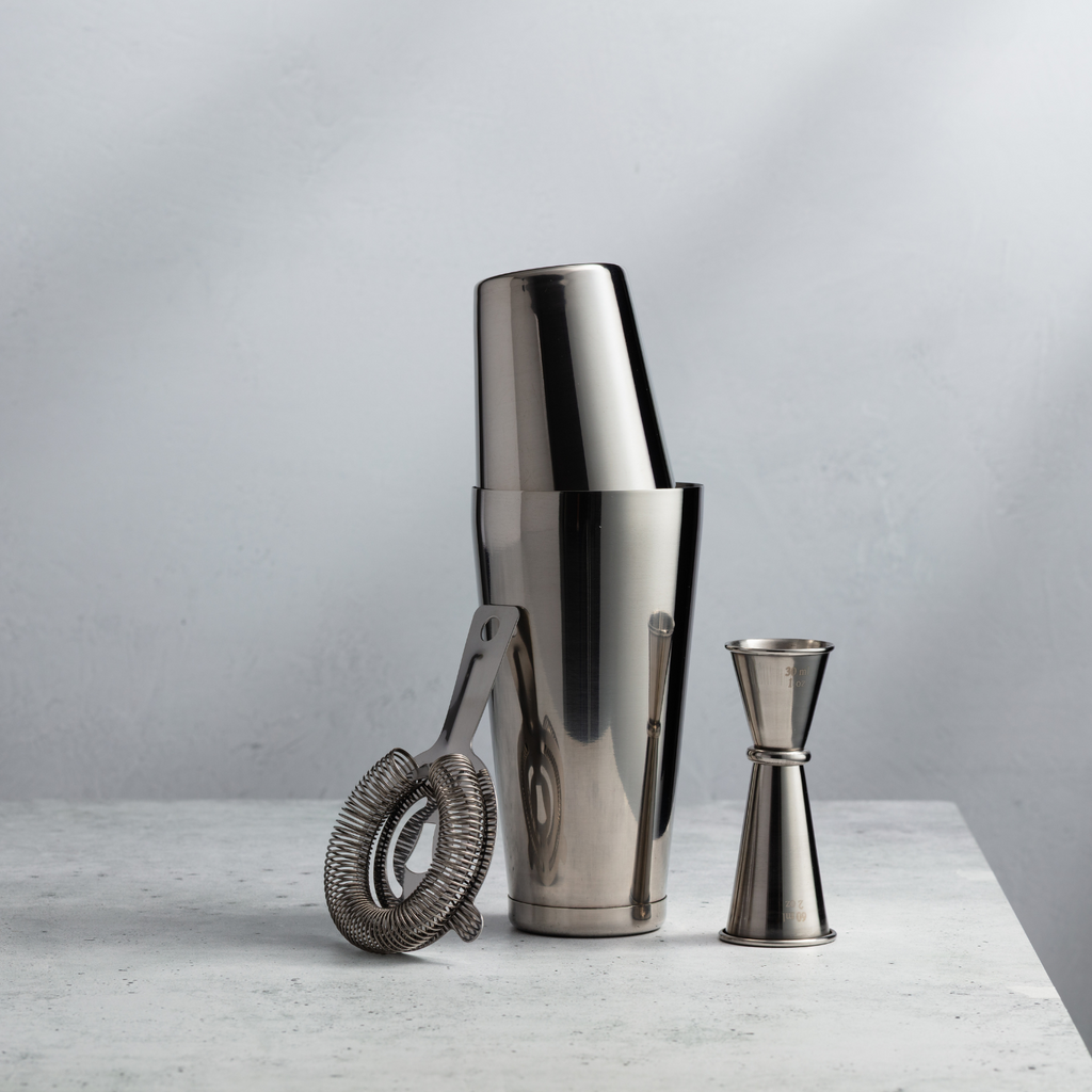 Stainless Steel Boston Cocktail Shaker Set with Jigger and Strainer by Mixology & Craft