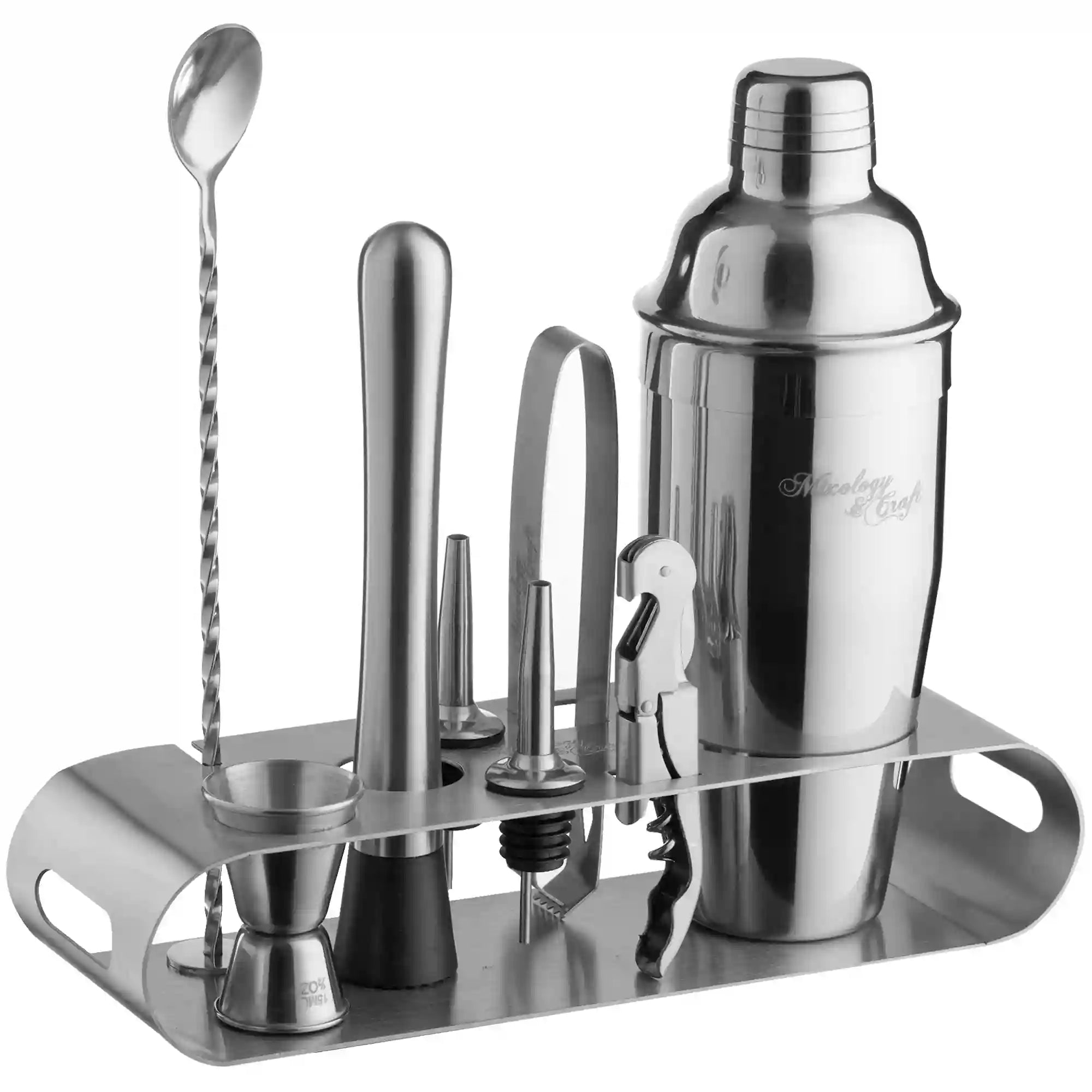 Stainless steel cocktail shaker set on a white background