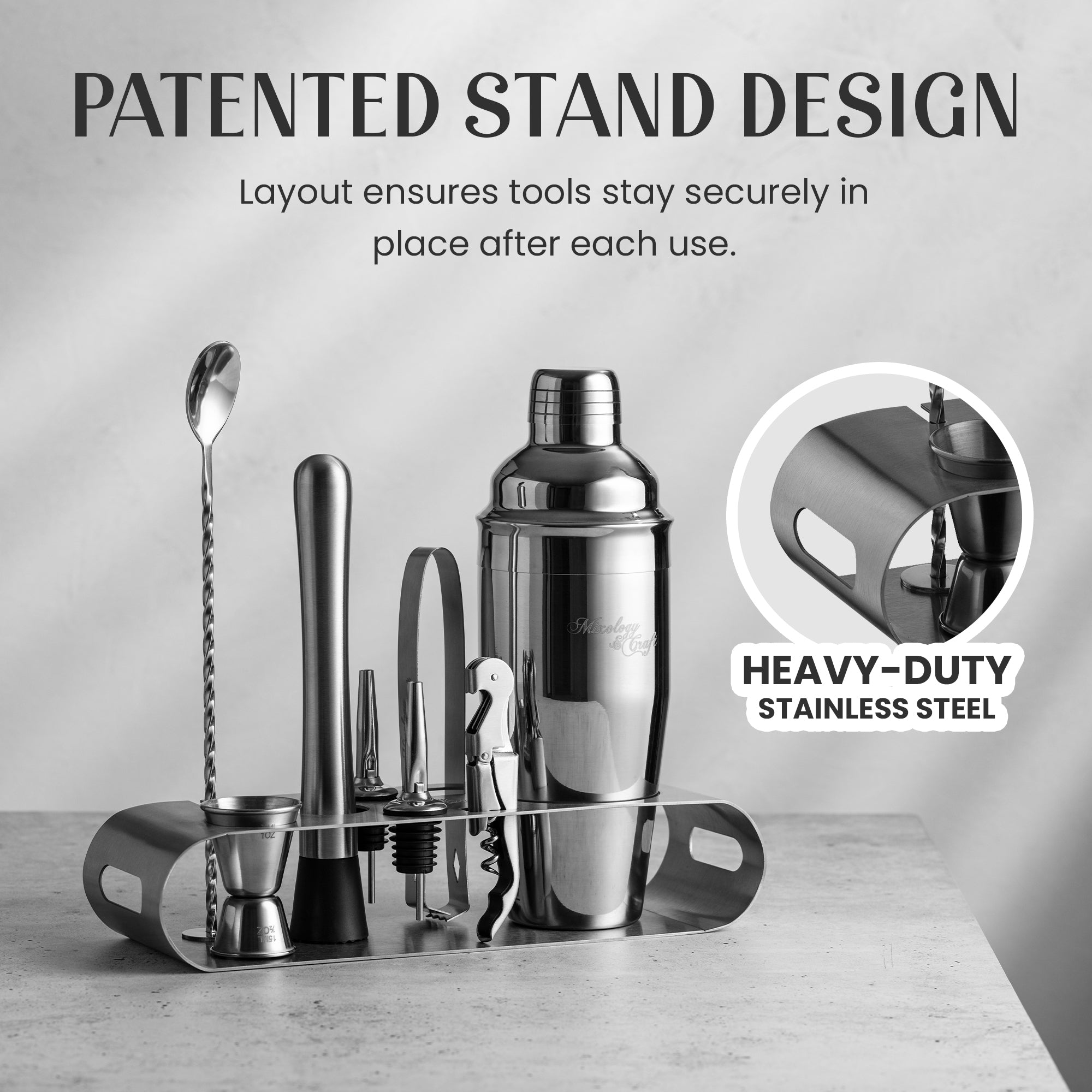 Patented Stainless Steel Bartender Stand with Secure Layout by Mixology & Craft